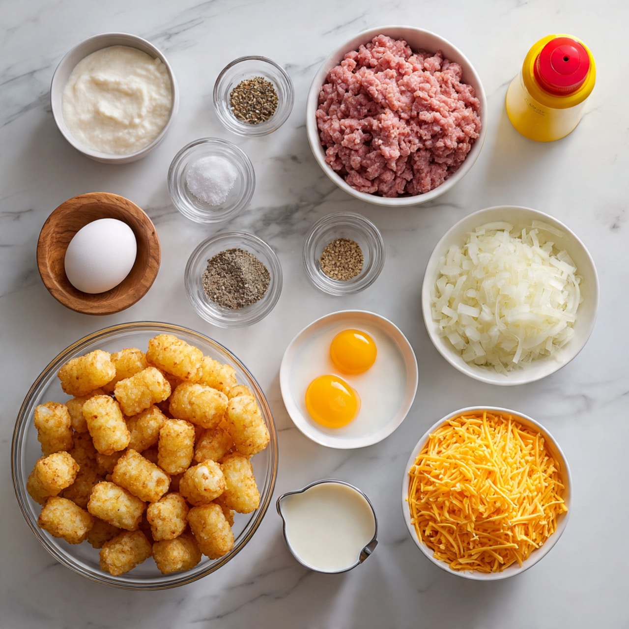 The image shows a collection of ingredients arranged neatly on a white marbled surface. In a clear glass bowl at the bottom left, there are many golden tater tots with a crispy texture. To the top left, a white bowl holds raw ground meat with a mixed pink and red color. Next to it, small wooden and clear glass bowls contain various spices including salt and pepper. At the center bottom, a white bowl has five whole white eggs. To the right, another white bowl is filled with finely grated orange cheddar cheese. Above the cheese, a white bowl contains chopped white onions. There is a small metal measuring cup filled with light cream or milk near the onions. To the right edge, a yellow and red spray canister is placed. The overall setting is clean with a bright and simple look. Photo taken with an iphone --ar 4:5 --v 7