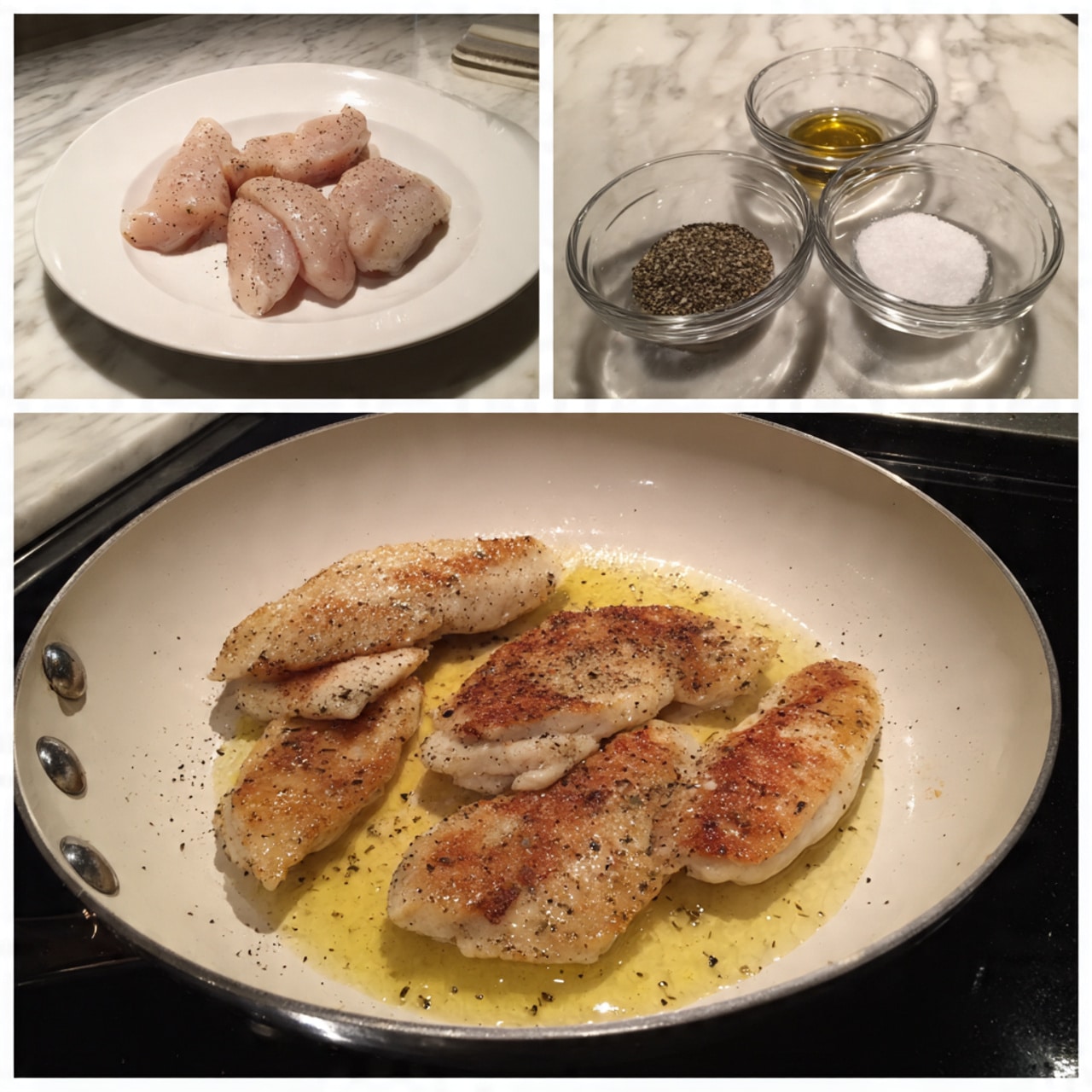 The image shows a white frying pan on a silver stovetop with four pieces of chicken cooking inside. The chicken pieces are layered, slightly browned, and sitting in some melted butter or oil that gives a shiny, light yellow base. To the left, there is a white plate with three raw chicken pieces sprinkled with black pepper and salt. Above the plate, two small clear bowls contain salt and pepper. The background is a white marbled surface. photo taken with an iphone --ar 4:5 --v 7