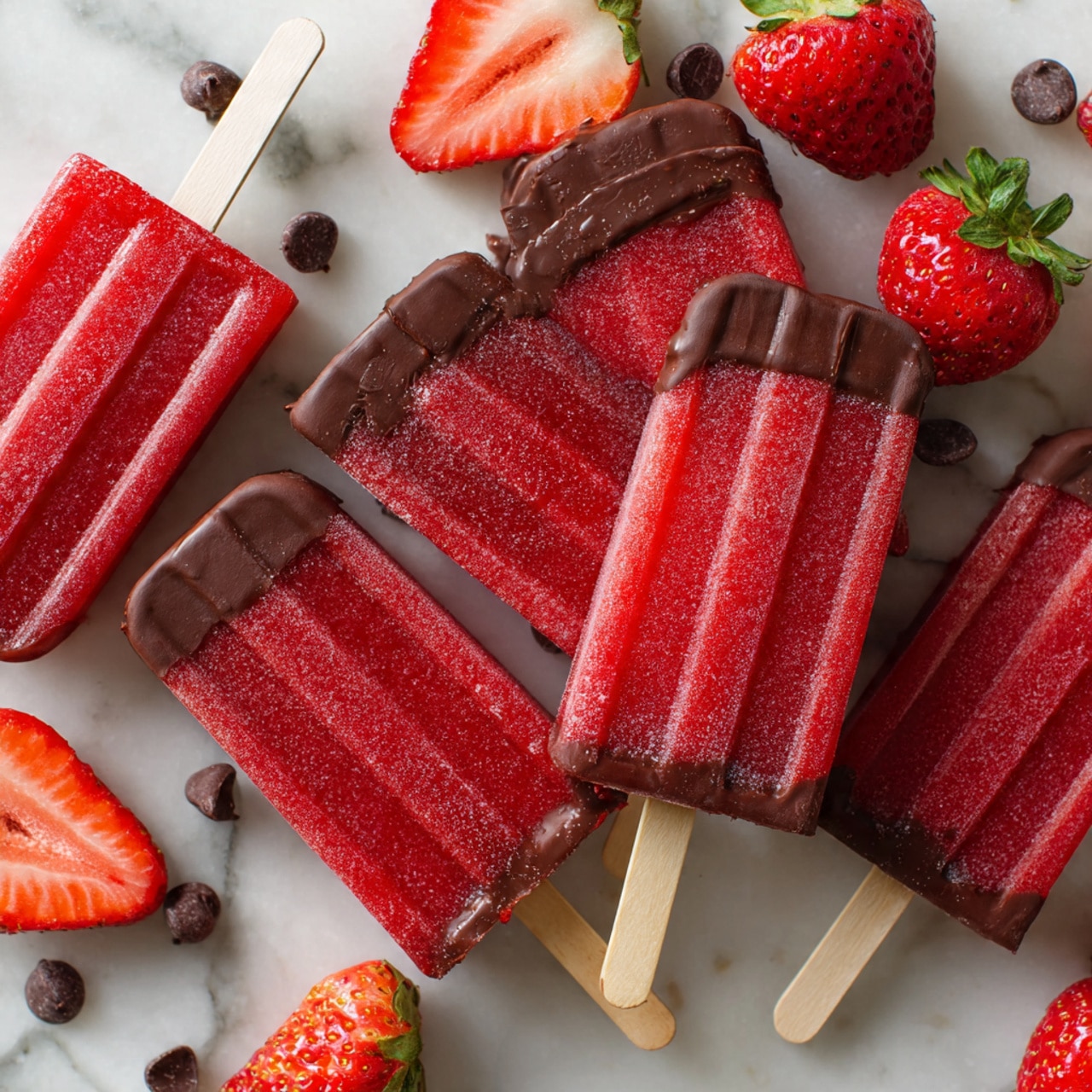 The image shows several red strawberry popsicles with wooden sticks, some dipped on one end in a smooth dark chocolate layer with a slightly uneven edge. The popsicles have visible icy textures and subtle lines running vertically along their sides. They are placed on a white marbled surface scattered with chocolate chips and whole and sliced strawberries, which are bright red with green tops. The arrangement looks fresh and inviting, with the popsicles lying flat and some stacked gently on one another. Photo taken with an iphone --ar 4:5 --v 7