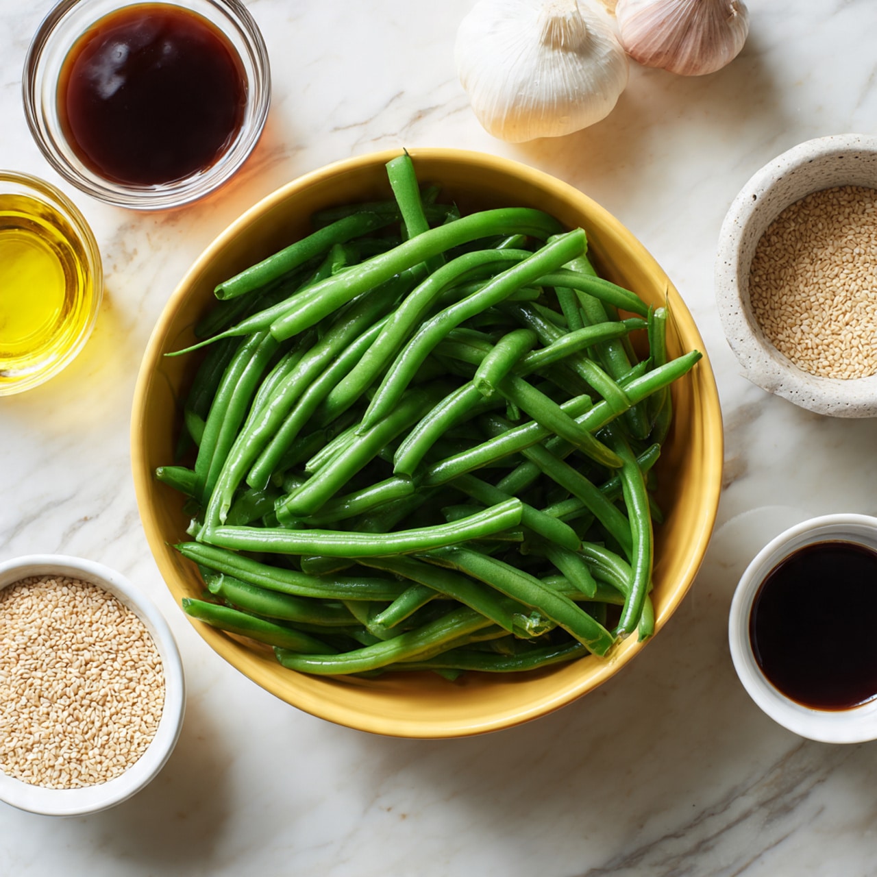 A yellow bowl sits in the center filled with fresh whole green beans that are long and bright green, some overlapping each other and pointing in different directions. Surrounding the bowl on a white marbled surface are small containers holding ingredients: a glass bowl with dark brown oyster sauce on the left, a white garlic bulb above it, a small jar with light yellow peanut oil above the beans, and on the right side, a small white ceramic cup holding dark soy sauce and a white dish filled with pale sesame seeds. The scene is well lit, showing clear and clean textures of each ingredient photo taken with an iphone --ar 4:5 --v 7