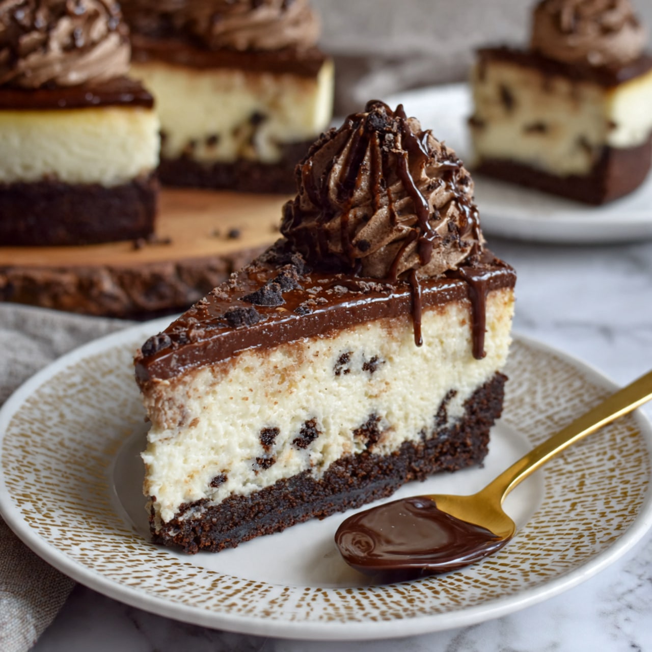 A slice of cheesecake with three main layers sits on a white plate with a gold patterned edge, placed on a white marbled surface. The bottom layer is a dark brown, firm chocolate crust. The middle layer is thick, creamy, off-white cheesecake mixed with small dark chocolate pieces spread evenly. The top layer is a smooth, dark chocolate glaze with a rich, glossy texture. On top of the chocolate glaze, there is a thick swirl of chocolate frosting decorated with a drizzle of darker chocolate sauce. Next to the slice lies a gold spoon with a shiny chocolate sauce coating its bowl. In the blurred background, more cheesecake slices rest on a rustic wooden board. photo taken with an iphone --ar 4:5 --v 7