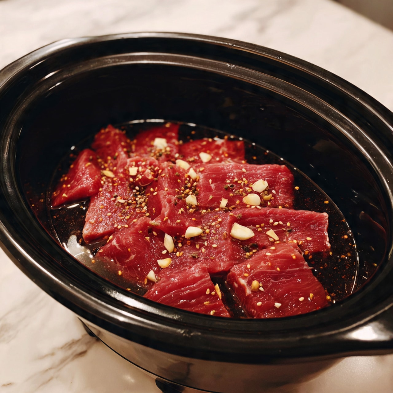 The image shows a black slow cooker filled with a single layer of raw red meat slices, spread evenly at the bottom. Small bits of white garlic and light-colored spices are scattered on top of the meat, soaking in a dark liquid that covers the base of the cooker. The slow cooker sits on a white marbled surface, and the inside has a glossy finish. Photo taken with an iphone --ar 4:5 --v 7