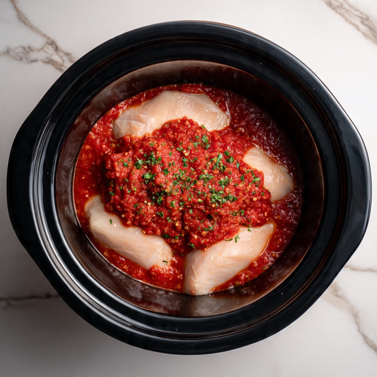Inside a black slow cooker, there are four smooth, pale pink pieces of raw chicken placed flatly at the bottom. On top of the chicken, a thick, chunky red sauce with visible bits of herbs and spices is spread evenly, covering most of the chicken pieces. The slow cooker is on a white marbled surface. The overall look is fresh and colorful with a clear contrast between the soft chicken and vibrant sauce. photo taken with an iphone --ar 4:5 --v 7