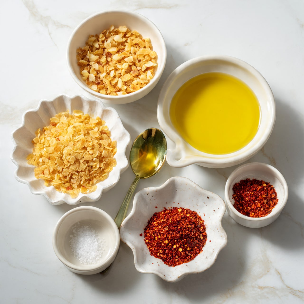 The image shows six small white bowls on a white marbled surface. The largest bowl near the center holds a layer of golden-yellow olive oil with a smooth, shiny texture. Above it, a smaller bowl contains light brown dried minced garlic. To the left, a white bowl with a spoon inside is filled with coarser, pale yellow dried minced garlic. Below, a scalloped white bowl is half-filled with bright red crushed chili flakes, showing some empty space at the bottom right. To the right of the oil bowl, a small white bowl has a light layer of red paprika powder with some empty spots. At the bottom center, a tiny white bowl holds a small amount of coarse salt over a green base inside the bowl. photo taken with an iphone --ar 4:5 --v 7