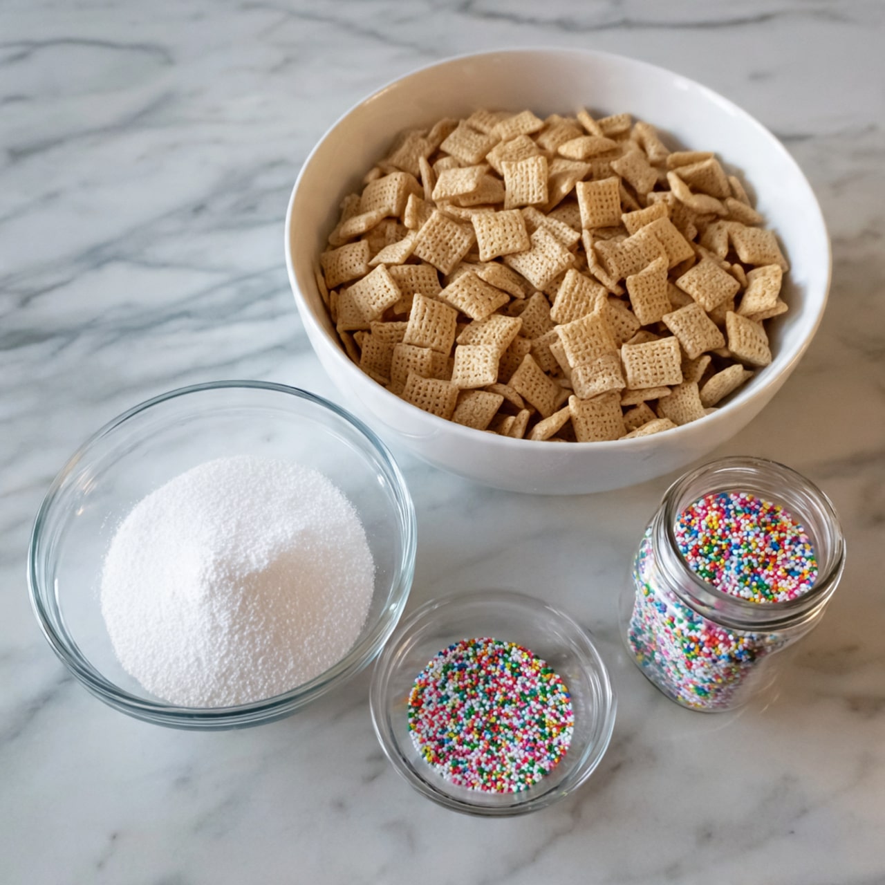 The image shows a white bowl filled with small square cereal pieces arranged in a pile, placed on a white marbled surface. In front of the bowl, there is a clear glass bowl filled with white powdered sugar and a small clear jar containing colorful round sprinkles next to it, the jar's lid is off and placed beside it on the surface. photo taken with an iphone --ar 4:5 --v 7