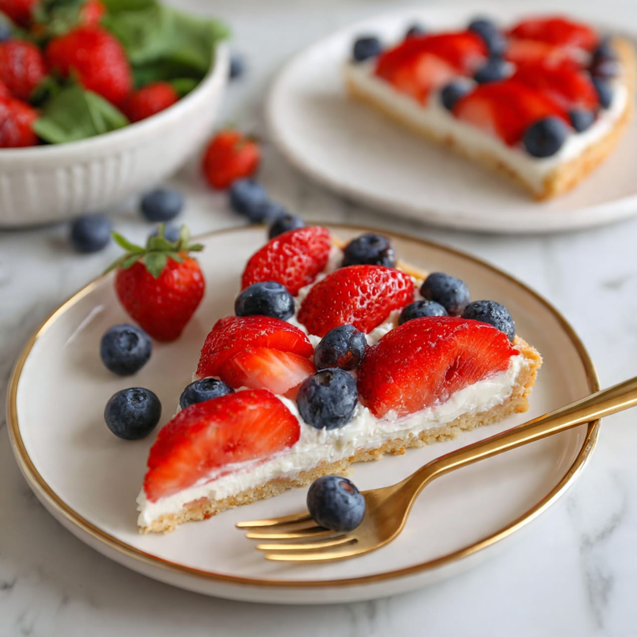 A triangular slice of fruit pizza sits on a white plate with a gold rim, placed on a white marbled background. The pizza has three clear layers: a light golden crust on the bottom, a smooth white creamy layer in the middle, and a topping of fresh fruit on top. The fruit layer consists of large red strawberry halves and small round blue blueberries, arranged in a neat pattern across the pizza slice. A gold fork with several blueberries is touching the pizza slice near one corner. In the background, a white bowl filled with leafy greens and more strawberries and blueberries is partially visible, along with another fruit pizza slice with the same layers, slightly out of focus. photo taken with an iphone --ar 4:5 --v 7