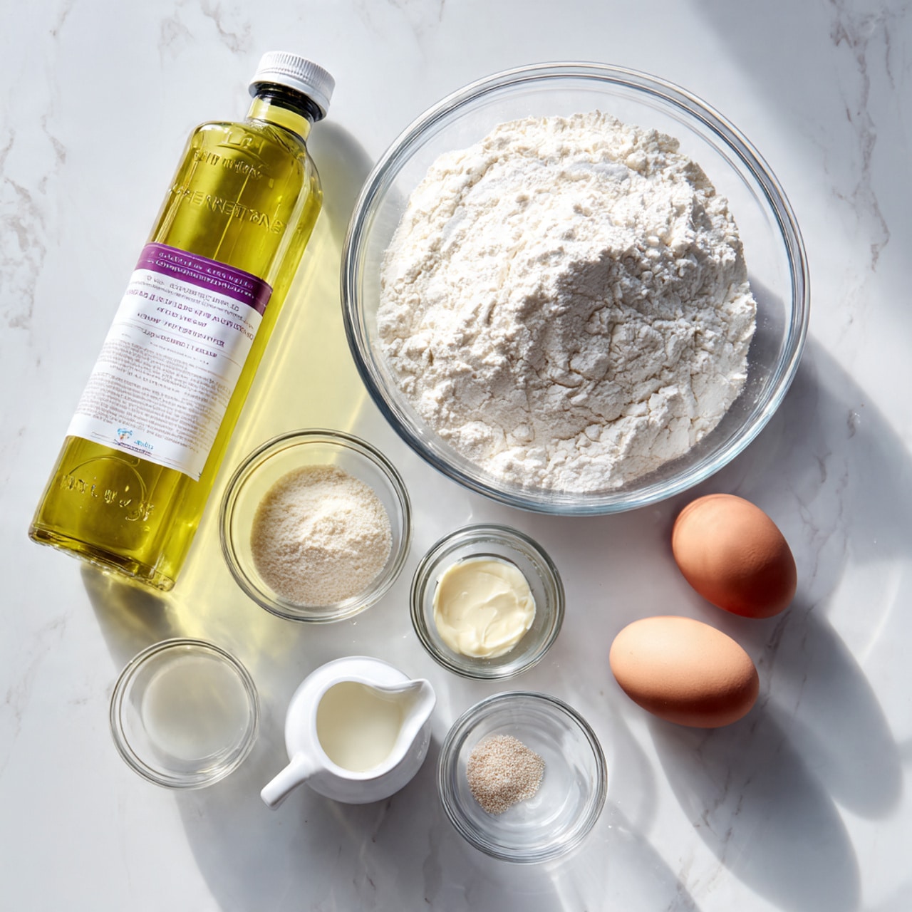 The image shows a clear glass bowl filled with white flour placed on a white marbled tile surface, with a large transparent plastic bottle of light yellow grapeseed oil with a purple label on the left side. Below the flour bowl are six smaller clear glass containers holding various ingredients: one with white powder, another empty, one with a beige granular substance, a small amount of cream-colored spread, a small pitcher with milky white liquid, and two plain brown eggs placed directly on the white marbled surface. The overall setup is neat with ingredients spaced evenly, captured in natural light. photo taken with an iphone --ar 4:5 --v 7