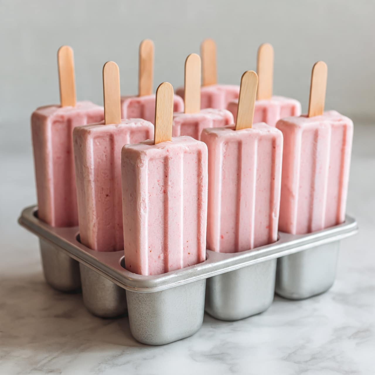 A set of eight light pink frozen popsicles held in a shiny metal mold with beige wooden sticks standing upright in each popsicle. The popsicles have a smooth creamy texture and rectangular shape with rounded tops, all placed on a white marbled surface. The image focuses on the front row of popsicles with a shallow depth of field showing blurred popsicles in the background. photo taken with an iphone --ar 4:5 --v 7
