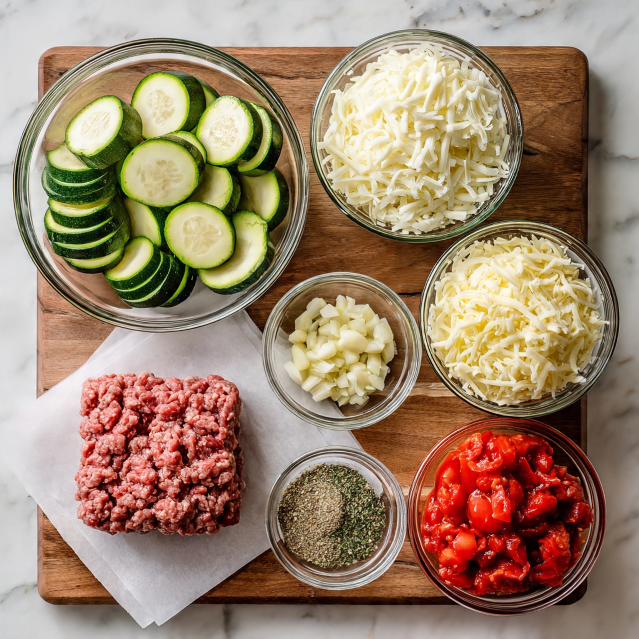 The image shows an overhead view of ingredients arranged neatly on a white marbled surface. There are six clear glass bowls, each holding different ingredients: bright green round zucchini slices in the largest bowl at the top left, finely chopped white onion at the top right, shredded pale yellow mozzarella cheese below the onion, and red chunky tomatoes in a bowl at the bottom right. In the center-left, there is a square of raw ground beef resting on a round white parchment paper. Between the beef and onion bowls is a small bowl with finely minced garlic, and below the beef is another small bowl containing mixed seasonings with visible salt, black pepper, and herbs. The textures and colors are fresh and distinct, all placed carefully on the wooden cutting board. Photo taken with an iphone --ar 4:5 --v 7