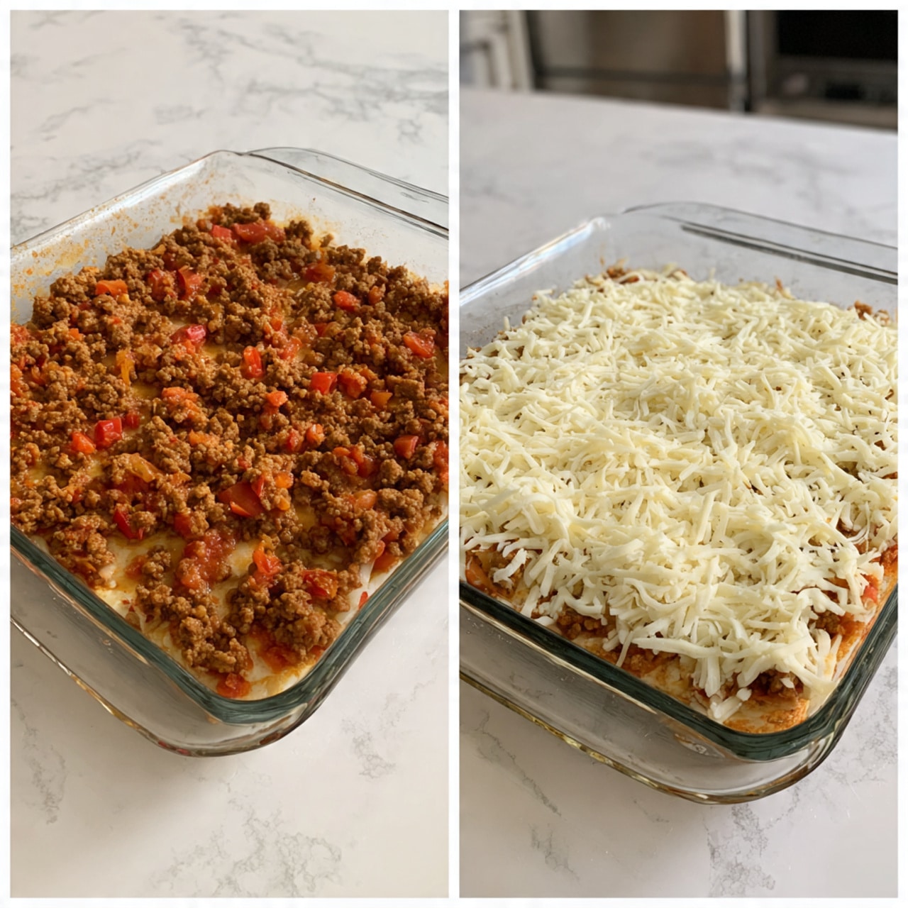 Two images show a clear glass square baking dish on a white marbled surface. The left image shows the first layer with a mix of brown cooked ground meat with a slightly crumbly texture, scattered with red cooked tomato pieces, all spread evenly. The right image shows the same dish with an added thick, even layer of pale off-white shredded cheese covering the meat and tomatoes underneath. Photo taken with an iphone --ar 4:5 --v 7