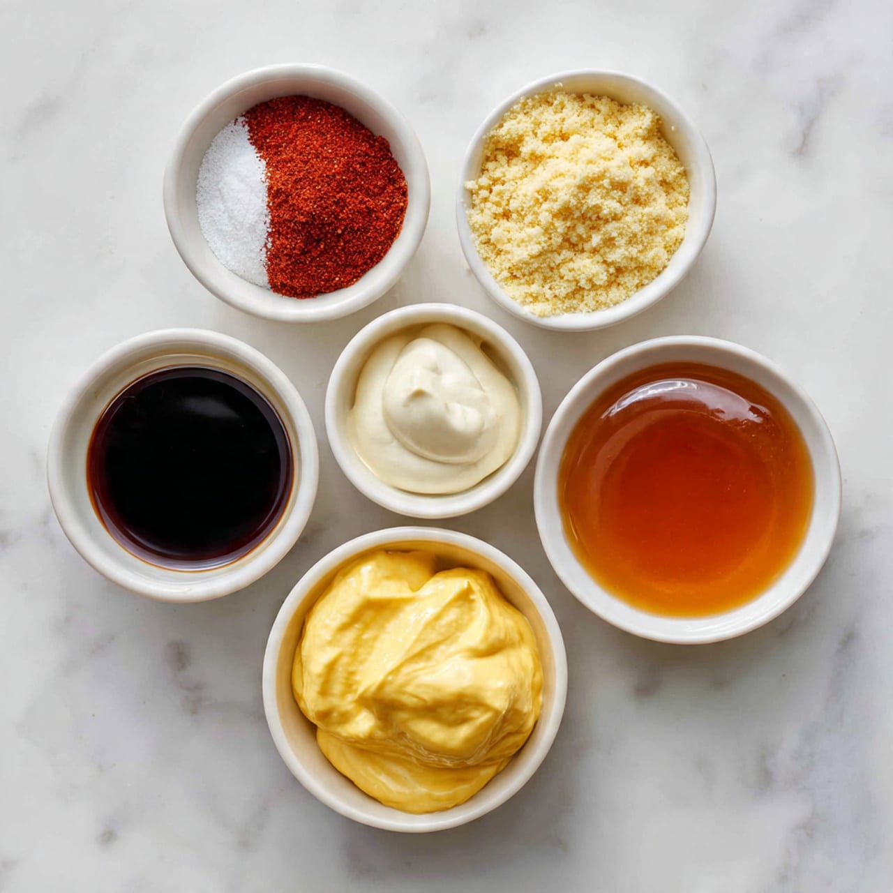 Seven small white bowls are arranged on a white marbled surface in a cross shape. The top left bowl contains a small amount of red cayenne sugar powder with some white granules. To its right, a bowl holds light yellow ground mustard powder with a crumbly texture. Below cayenne sugar, a bowl is empty and labeled vinegar. Opposite this, a bowl holds dark soy sauce with a shiny, smooth surface and uneven edges. Below the vinegar bowl, there is a bright yellow creamy layer of mustard filling the bowl. To the right, a bowl contains amber-colored, thick corn syrup with a clear and sticky texture. Finally, centered below the mustard and corn syrup bowls, a small amount of white mayonnaise with a soft, smooth texture sits inside a bowl. Photo taken with an iphone --ar 4:5 --v 7