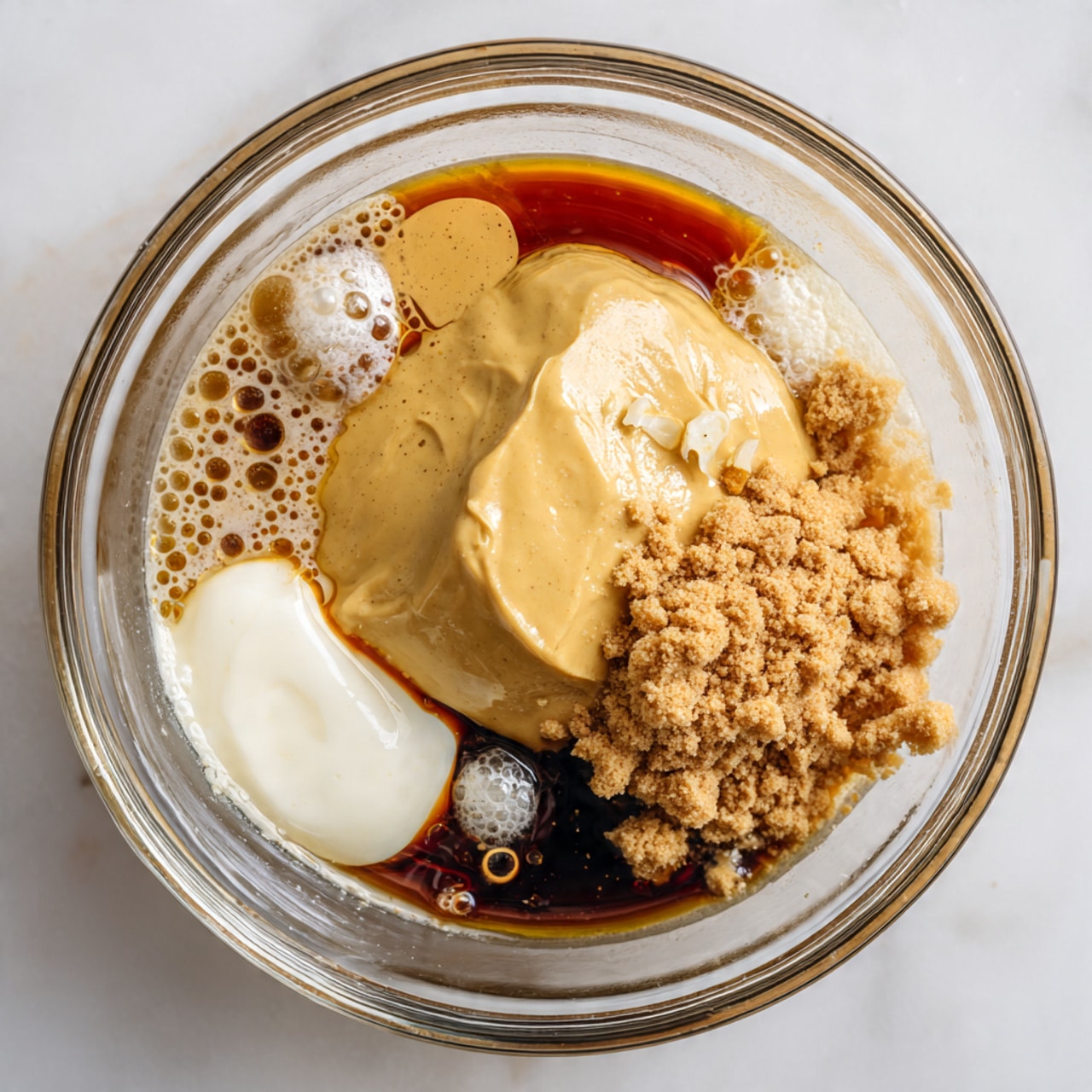 In a clear glass bowl placed on a white marbled surface, there are six visible layers of different textures and colors. At the center, there is a large dollop of creamy yellow mustard. To the right of this is a mound of light brown, crumbly powder. Surrounding these central elements is a layer of light brown transparent liquid with small bubbles and droplets on its surface. A small white dollop of thick cream is on the left side. Around the dollop of mustard, there are small drops and streaks of dark brown liquid scattered lightly across the bowl. The bowl’s clear glass texture shows the white marbled surface beneath it. photo taken with an iphone --ar 4:5 --v 7