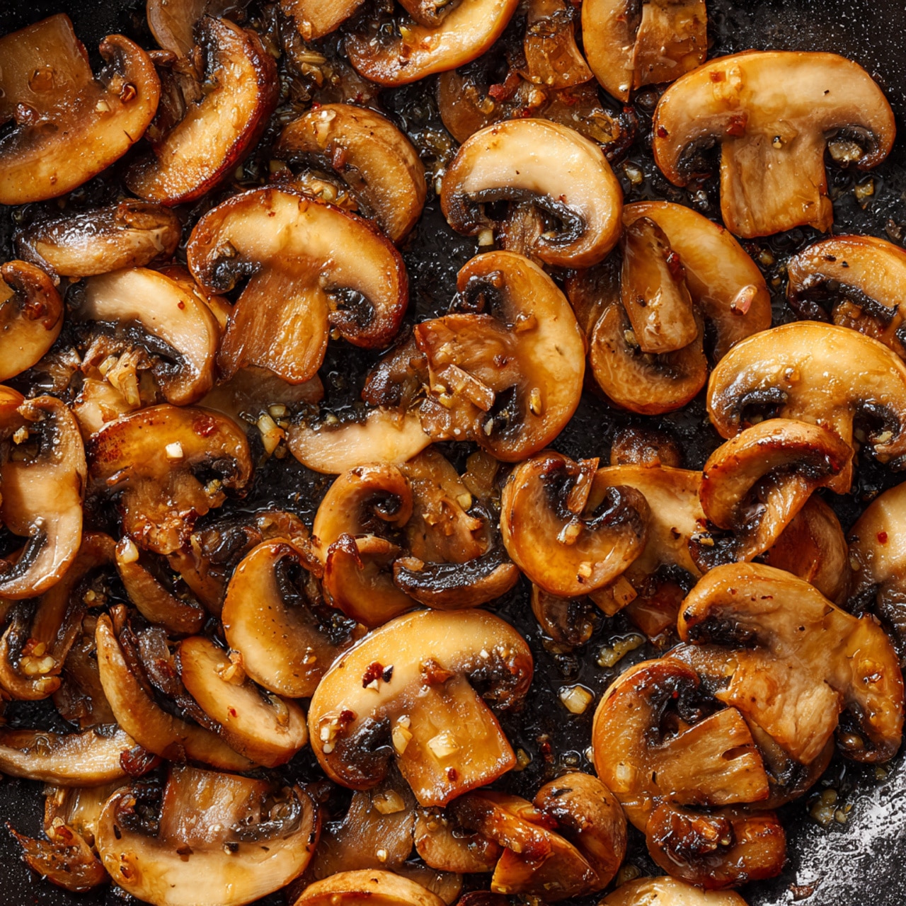 The image shows many mushroom slices in a pan lightly browned with a bit of oil and small bits of garlic visible on some slices; the mushrooms have a mix of light tan and darker brown colors with a shiny, slightly oily surface. They are spread evenly across the black pan, some showing the inside white flesh with brown gills, while others show the curved outer brown skin. The texture looks soft but cooked, with a rich contrast between the light and dark parts of the mushrooms. The overall look is warm and appetizing, with a close-up view capturing the details of the mushrooms and the glistening oil on each piece. photo taken with an iphone --ar 4:5 --v 7