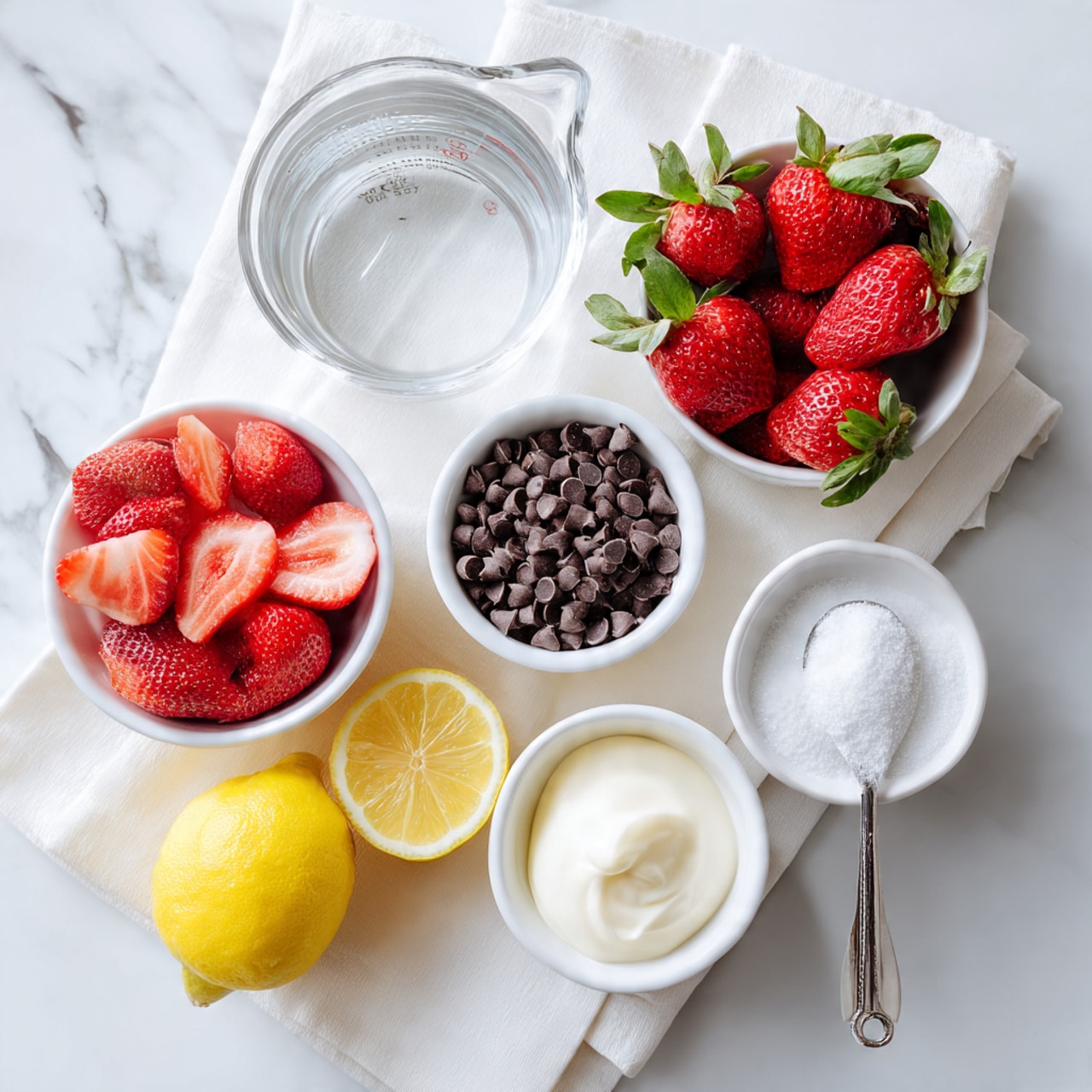 The image shows six ingredients arranged on a soft white cloth over a white marbled surface. At the top right, there is a white bowl filled with fresh red strawberries with green leaves. Below it to the center, a white bowl holds small dark chocolate chips. To the left, a glass measuring cup contains clear water. At the bottom left, a white bowl has frozen strawberries covered with frost. Just below the chocolate, two lemon halves rest on the cloth, bright yellow in color. On the right side near the lemons, a metal tablespoon holds a white, creamy coconut oil scoop. Finally, at the top right, a white bowl filled with fine white sugar completes the setup. photo taken with an iphone --ar 4:5 --v 7