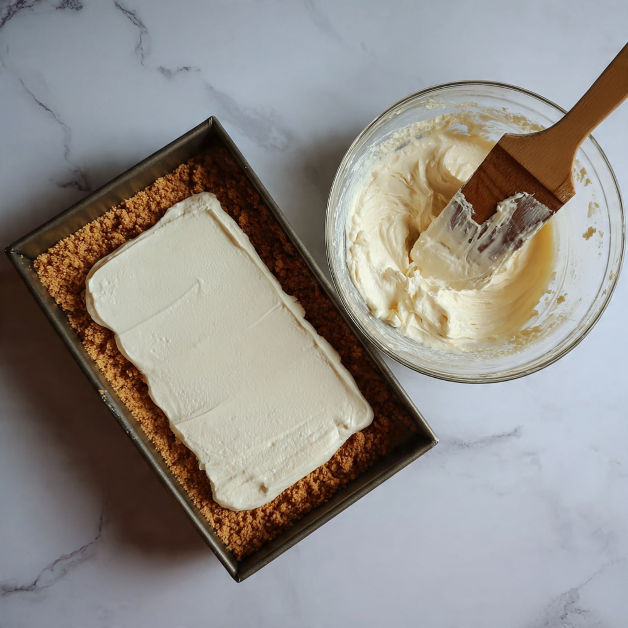 A rectangular baking pan with two visible layers: the bottom layer is crumbly and brown, forming the crust that lines the sides and base of the pan, and the top layer is smooth and creamy white, spread evenly over the crust. Next to the pan is a clear glass bowl with traces of the creamy white mixture inside and a wooden spatula resting on the bowl’s edge, with some cream on the spatula. All items sit on a white marbled textured surface. Photo taken with an iphone --ar 4:5 --v 7