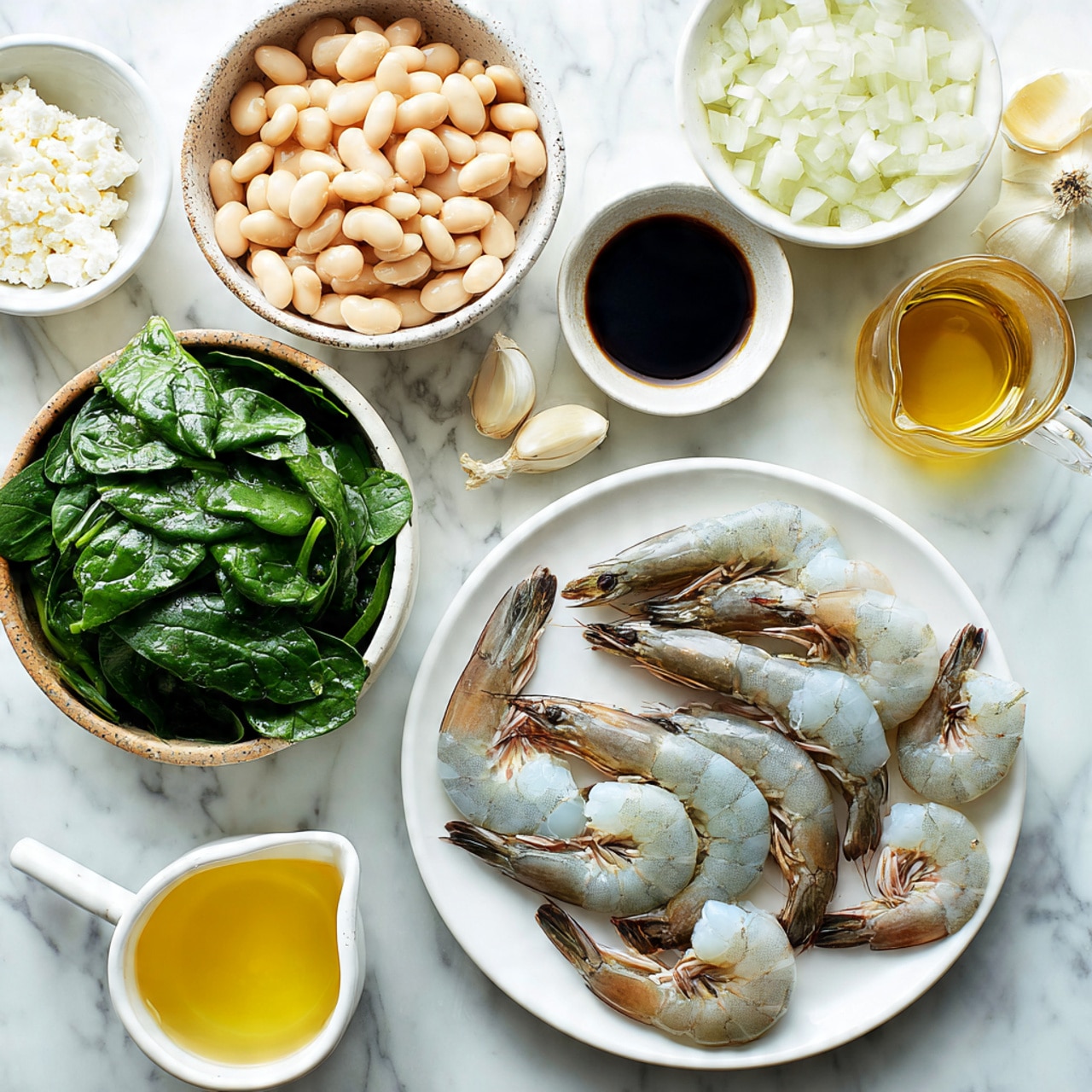 A top view of raw shrimp placed in the center of a white round plate with translucent, grayish-blue flesh and black tail ends visible; to the left, a white bowl filled with light beige cannellini beans with smooth shiny surfaces; above the beans, a white bowl filled with chopped white onions with rough-cut edges; to the top right, a small white bowl containing black soy sauce; next to it, a small white plate holding three peeled garlic cloves with smooth pale yellow skin; below that, a small glass bowl with golden yellow olive oil; next to olive oil, a white bowl full of fresh bright green spinach leaves with visible veins and stems; at the bottom left, a white measuring cup filled with light yellow broth; next to the broth, a small rustic brown bowl containing crumbled white cheese with crumbly texture; all placed on a white marbled surface photo taken with an iphone --ar 4:5 --v 7