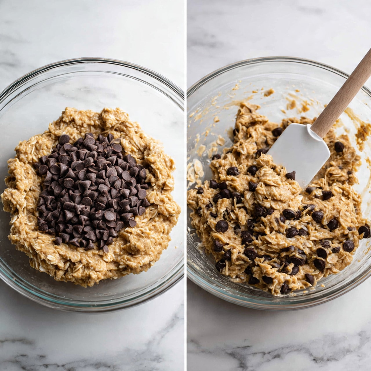 In two side-by-side images, a clear glass bowl sits on a white marbled surface. The left image shows a thick, light brown oatmeal mixture with dark brown chocolate chips piled on top in the center. The texture is a bit rough and chunky from the oats. In the right image, the chocolate chips are mixed into the oatmeal, spreading evenly throughout the bowl. A white spatula rests inside the bowl, partially covered with the chunky, sticky mixture. Photo taken with an iphone --ar 4:5 --v 7