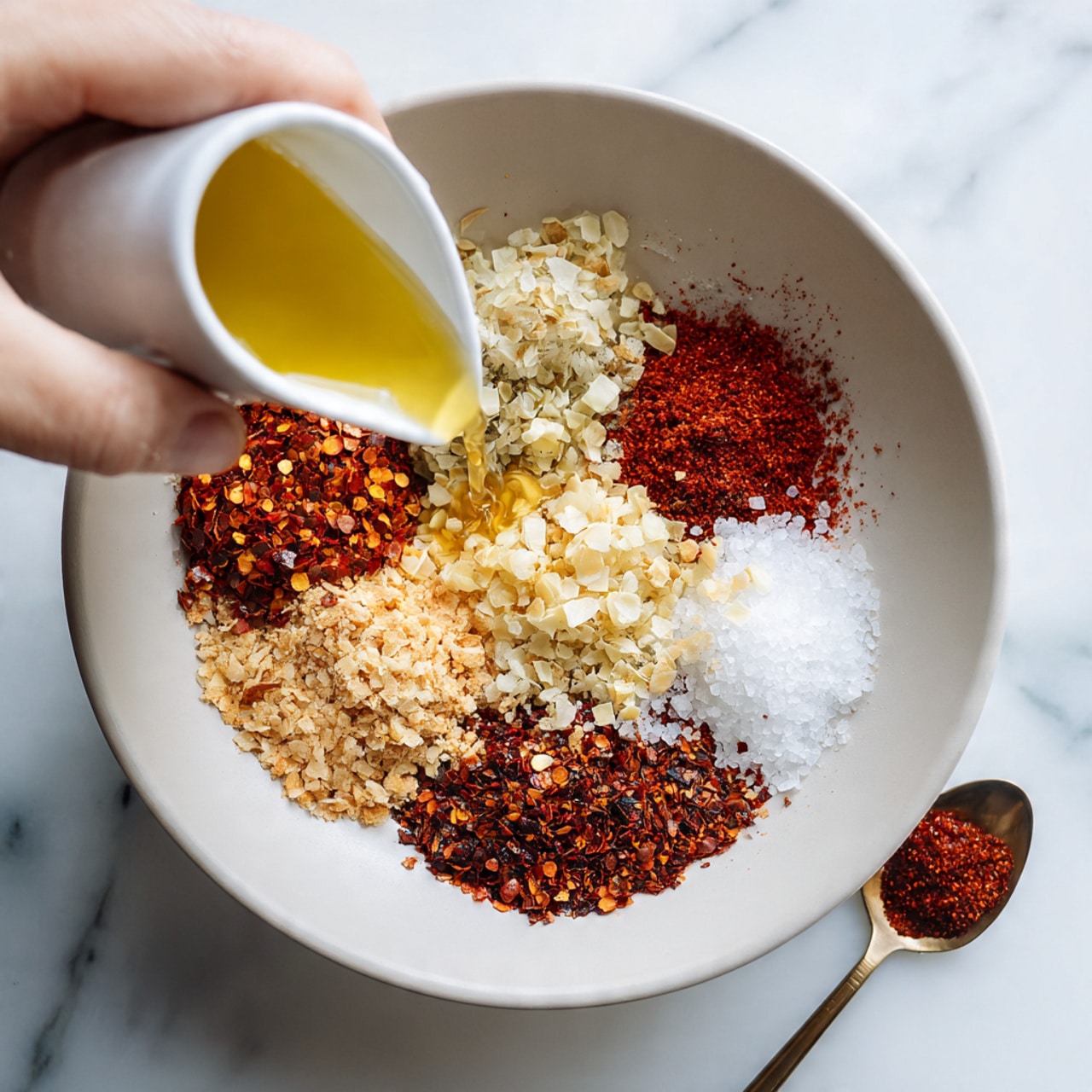 A white bowl sits on a white marbled surface, filled with several spices arranged in distinct sections. There is a layer of crushed red pepper flakes, another of light tan minced garlic, and a rough pile of pale beige onion flakes. In the middle, smaller amounts of red chili powder and white sea salt are visible. A woman's hand pours golden olive oil from a white container onto the spices, creating a shiny spot mixing into the dry ingredients. Nearby, a spoon with red pepper flakes is placed on the surface. photo taken with an iphone --ar 4:5 --v 7