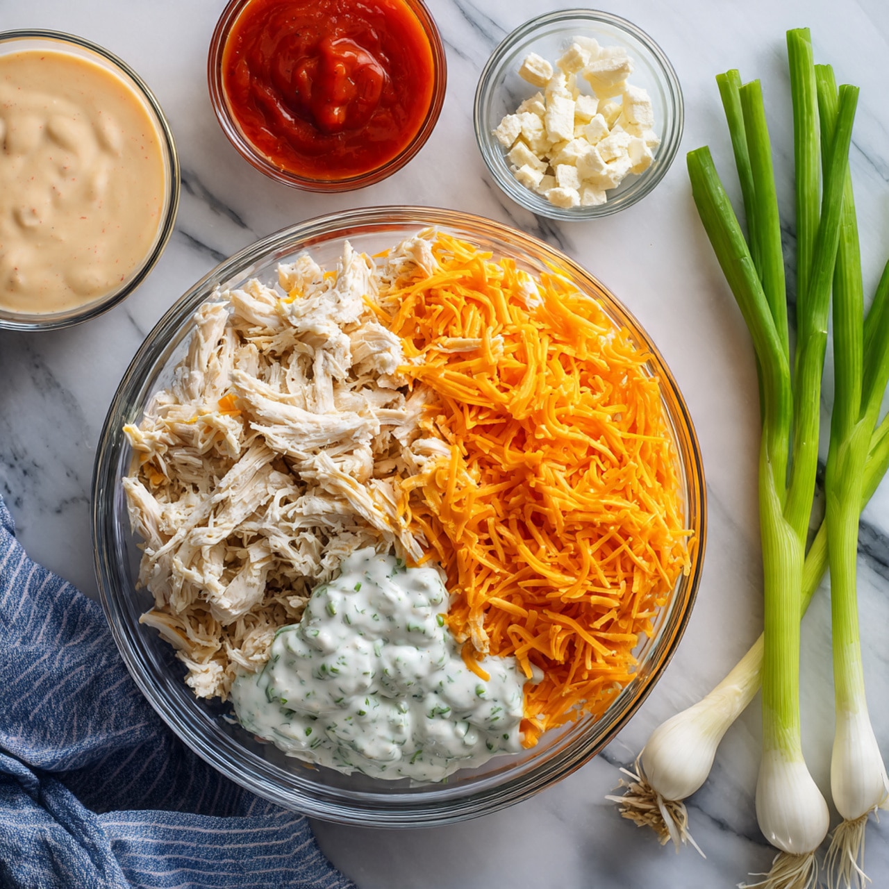 A clear glass bowl on a white marbled surface contains three separate piles: shredded light beige chicken on the left, bright orange shredded cheese on the right, and several white dollops of creamy sauce on top of the cheese. Near the bowl, there are three long green onions with white bases and green tops on the right side. Two small clear glass bowls sit in the upper left area, one filled with thick bright red sauce and the other with a light beige creamy sauce, with a third tiny bowl in between holding small white crumb-like pieces. A folded blue and white striped cloth is partially visible at the bottom left corner. Photo taken with an iphone --ar 4:5 --v 7