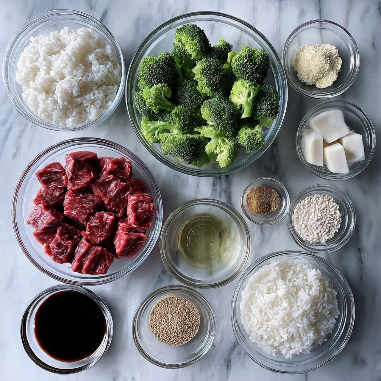 The image shows a white marbled surface with several clear glass bowls and small cups arranged neatly. There are three large clear glass bowls containing raw red sliced meat, bright green broccoli florets, and cooked white rice, each with a soft texture. Surrounding them are smaller clear bowls and measuring cups filled with various ingredients: chopped white garlic, sesame seeds, a small cube (likely broth), a white powder (probably cornstarch), dark soy sauce, a darker liquid (possibly honey or syrup), clear water, and a light brown powder. The colors contrast well with the white marbled background. photo taken with an iphone --ar 4:5 --v 7