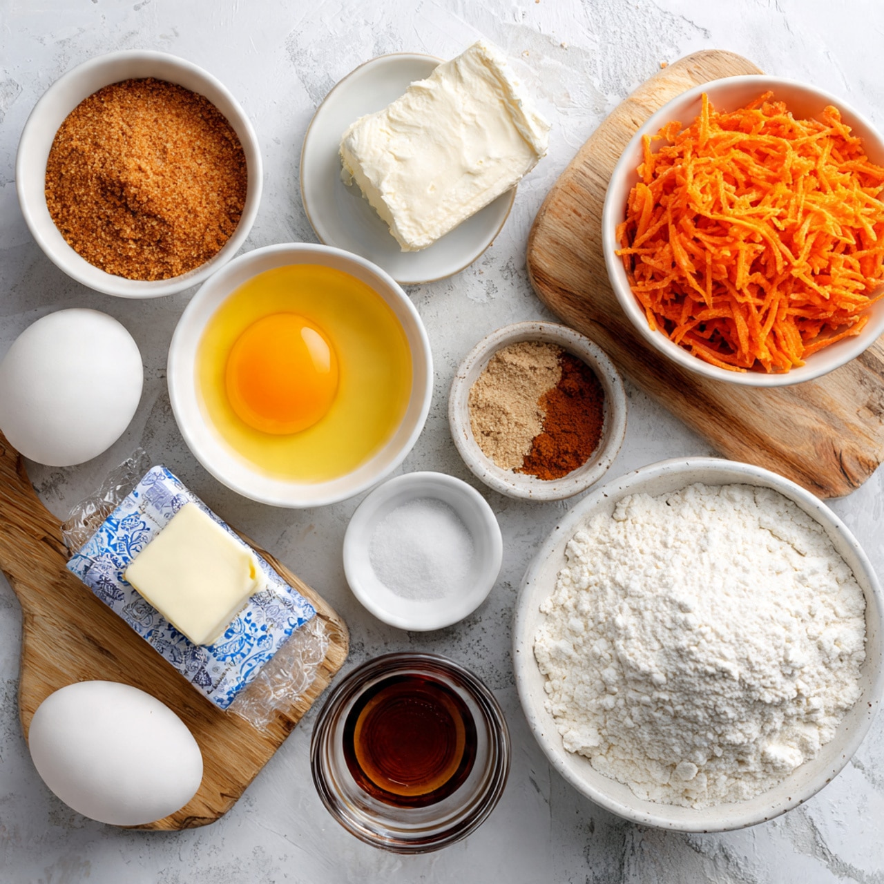 The image shows several baking ingredients neatly arranged on a white marbled surface. There is a white bowl with white flour in the lower right, a white bowl with light brown brown sugar to the left of it, a white bowl filled with shredded orange carrots placed on a light wooden cutting board at the top right. Next to the carrots is a small transparent bowl with ground cinnamon and white salt. In the center is a white egg and a stick of butter with blue and white paper wrapping. Above the butter is a white bowl with a bright yellow egg yolk, and to the left is a stick of silver-wrapped cream cheese. Below the brown sugar bowl is a metal measuring cup with white granulated sugar. Finally, a small transparent bowl of dark vanilla extract is near the egg. photo taken with an iphone --ar 4:5 --v 7