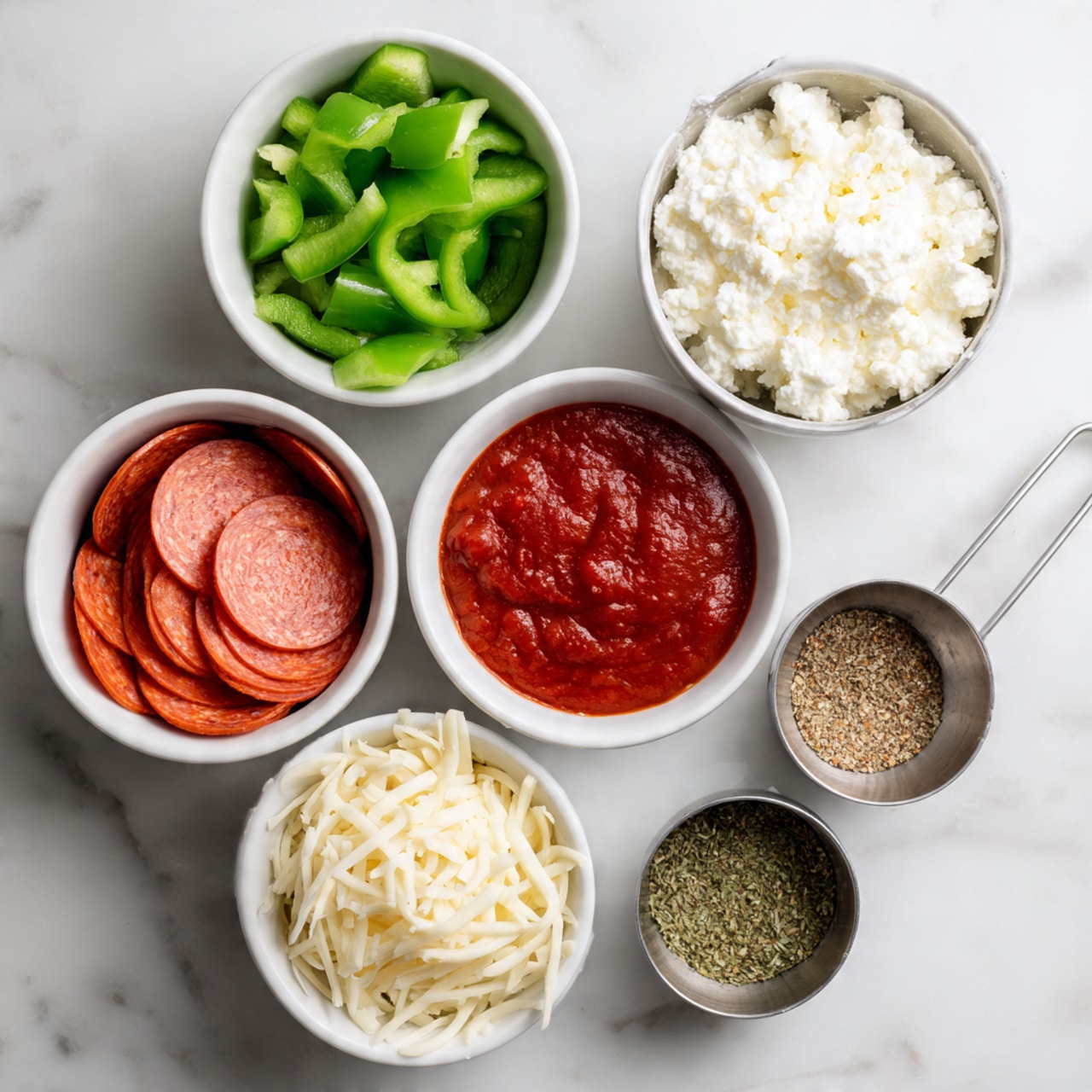 The image shows six small white bowls and metal measuring cups arranged neatly on a white marbled surface. The top left bowl holds chopped green bell peppers, vibrant and fresh with a shiny texture. To its right, a metal measuring cup is filled with white cottage cheese, showing a soft and lumpy texture. Below the green peppers, another metal cup contains thick red pizza sauce with a smooth yet slightly chunky texture. Next to it, a white bowl holds round slices of bright orange pepperoni stacked evenly. Below these, a bowl with shredded white cheese shows fine, thin strips with a soft texture. The smallest bowl at the bottom right contains mixed spices in earthy green and brown shades, finely ground. The lighting is bright and even, emphasizing the clear colors and textures of the ingredients. Photo taken with an iphone --ar 4:5 --v 7