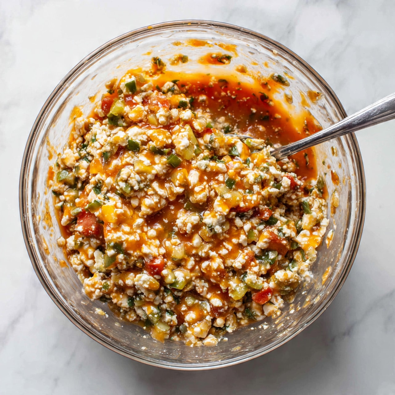 A clear glass bowl filled with a chunky mixture of small white grains, diced green vegetables, and orange sauce is sitting on a white marbled surface. The mixture looks creamy and thick with bits of diced tomatoes and herbs visible throughout. A metal spoon is partially submerged in the bowl, slightly lifting the mixture. The sides of the bowl are smeared with bits of the sauce and grains, showing a textured and uneven consistency. photo taken with an iphone --ar 4:5 --v 7