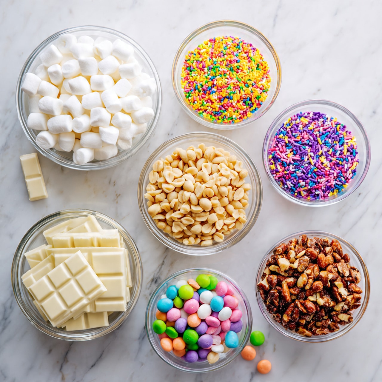 The image shows six clear glass bowls placed on a white marbled surface, each holding different colorful ingredients. Starting from the top left, the first bowl is full of small white marshmallows, smooth and round. Next to it on the right, a smaller bowl contains bright, assorted sprinkles in yellow, pink, purple, blue, and white shapes, with some sprinkles scattered nearby. Below the marshmallows, two blocks of white chocolate with a clean, square pattern sit stacked. Centered is a bowl filled with light brown roasted peanuts, their texture rough and uneven. To the right of the peanuts is another bowl filled with darker, coated peanuts with a crunchy appearance, some spilled onto the surface. At the bottom right corner, a bowl holds colorful candy-coated chocolates in pastel shades of green, yellow, pink, purple, and blue, with a few candies scattered around. Photo taken with an iphone --ar 4:5 --v 7