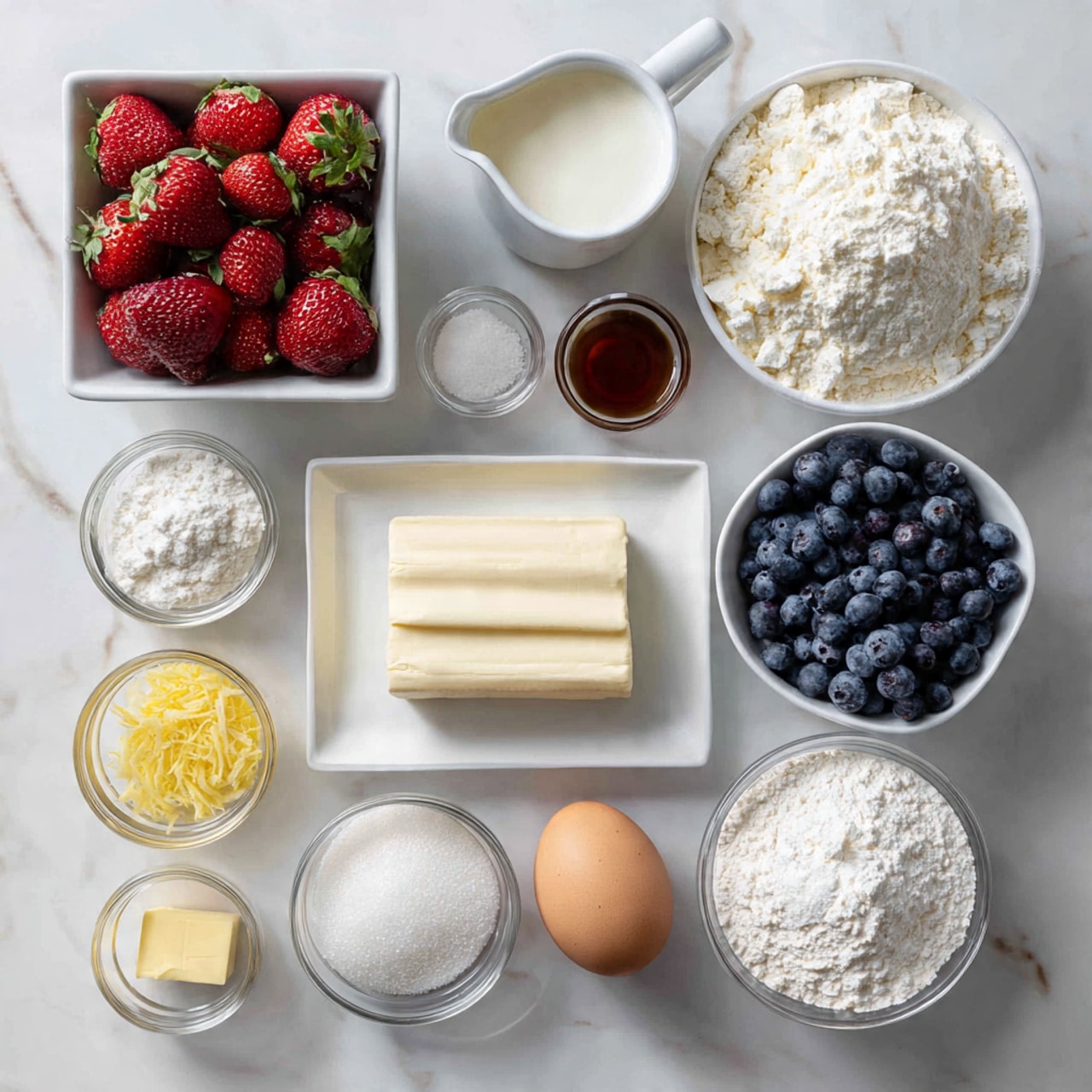 The image shows ingredients neatly arranged on a white marbled surface. In the top left, there is a white square bowl filled with fresh red strawberries with green leaves. Below it, a small glass pitcher holds white heavy cream. To the right of the cream, a small clear bowl contains salt, and next to it is another small bowl filled with baking powder. In the center is a rectangular white plate with a block of cream cheese. To the top right of the cheese, a small clear bowl holds powdered sugar, and next to it is a white square bowl full of fresh blueberries. Below the blueberries, a large round glass bowl is filled with white granulated sugar. To the left of this bowl, a smaller bowl holds lemon zest, next to a tiny clear bowl of lemon extract. Below the lemon extract, a stick of butter rests on the surface. Near the center, a single brown egg sits in a small clear bowl, and above the butter and lemon items, a large round glass bowl holds white flour. At the top center, a small glass bowl contains vanilla extract. Everything is photographed from above in bright lighting, photo taken with an iphone --ar 4:5 --v 7