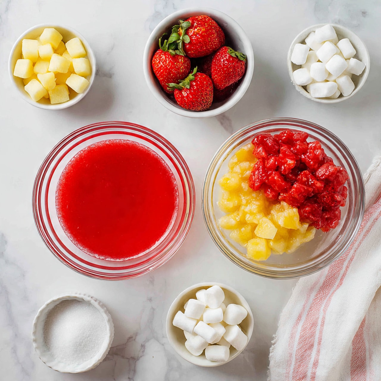 The image shows two clear glass bowls on a white marbled surface side by side. The bowl on the left has a small pool of bright red liquid in the center. The bowl on the right contains the same red liquid at the bottom but also has two piles of fruit on top: yellow pineapple chunks on the upper side and finely chopped red strawberries at the lower side. Around the bowls, there are small white bowls with whole strawberries on the left, cubed pineapple on the right, and white powder and marshmallows near the edges. photo taken with an iphone --ar 4:5 --v 7