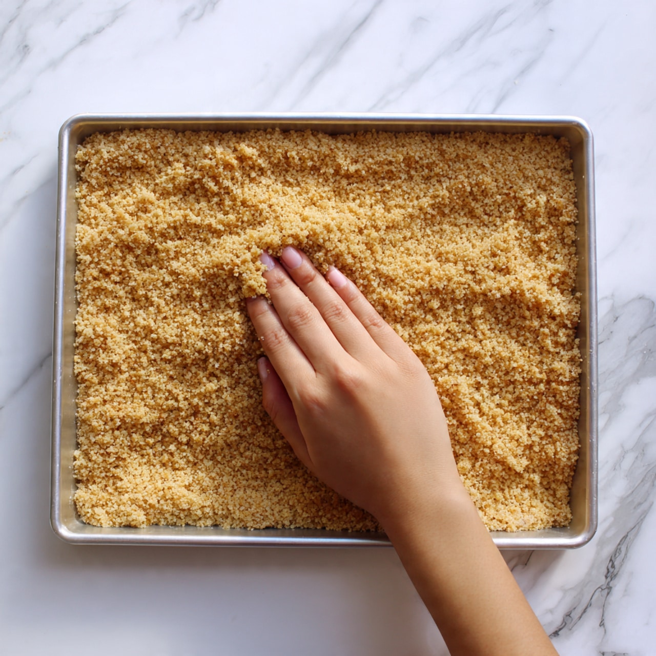A rectangular silver tray filled with one layer of light golden brown crumb mixture, evenly spread and pressed down by a woman's hand located at the bottom right corner of the tray. The tray sits on a white marbled surface. The crumbs have a fine, rough texture covering the entire flat surface of the tray. photo taken with an iphone --ar 4:5 --v 7
