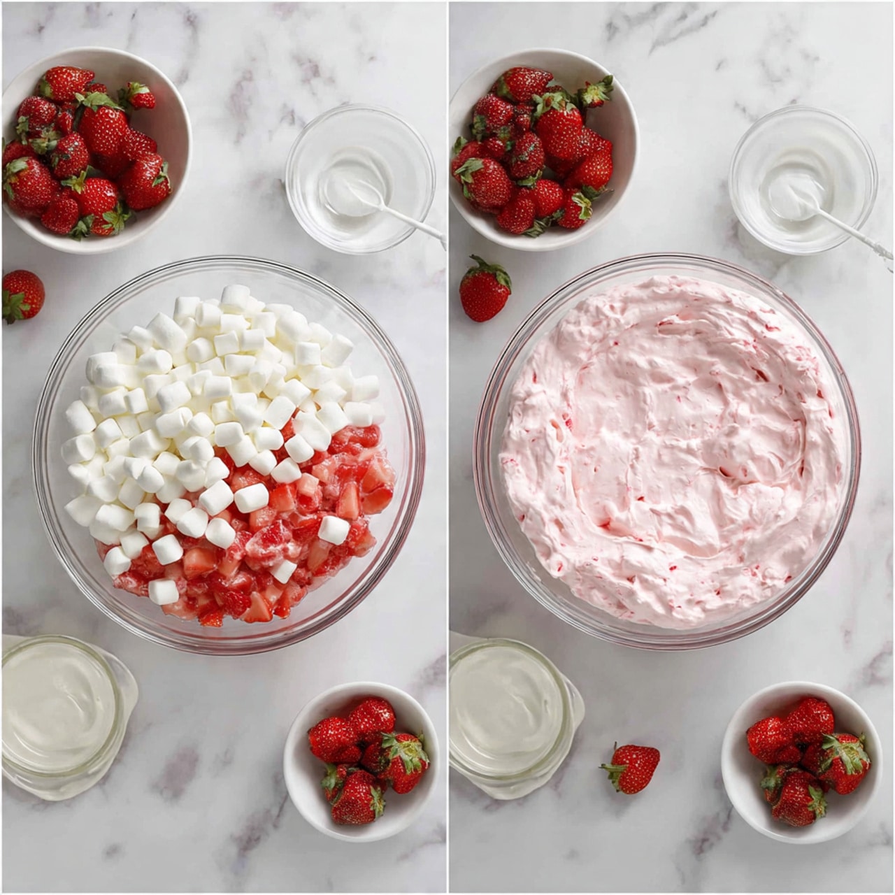 The image shows two stages of making a strawberry dish in a clear glass bowl placed on a white marbled surface. On the left side, the bowl contains three main layers: diced strawberries in red syrup at the bottom, a pile of small white marshmallows on the top right, and a dollop of white cream on the bottom left. Surrounding the bowl, there are white bowls filled with whole strawberries and other ingredients. On the right side, the ingredients are mixed into a creamy pink mixture with visible small marshmallows throughout. The setup includes a soft pink and white striped cloth partially visible at the bottom right of each image. photo taken with an iphone --ar 4:5 --v 7