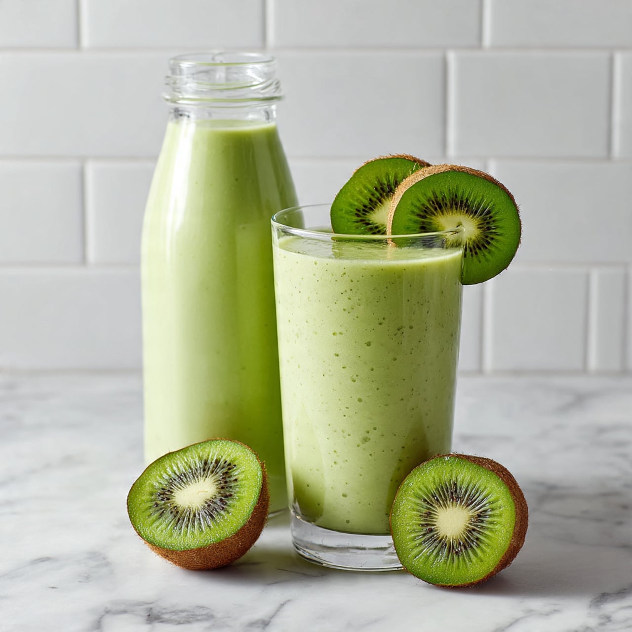 The image shows a tall clear glass bottle filled with a light green smoothie, standing on a white marbled surface against a white tiled wall. In front of the bottle is a white clear glass filled with the same smoothie, topped with three thin slices of bright green kiwi fruit with visible black seeds, arranged neatly on top. To the right side of the glass on the surface is a halved kiwi showing its green interior and seeds. The setting is clean and bright, with simple and fresh elements. Photo taken with an iphone --ar 4:5 --v 7