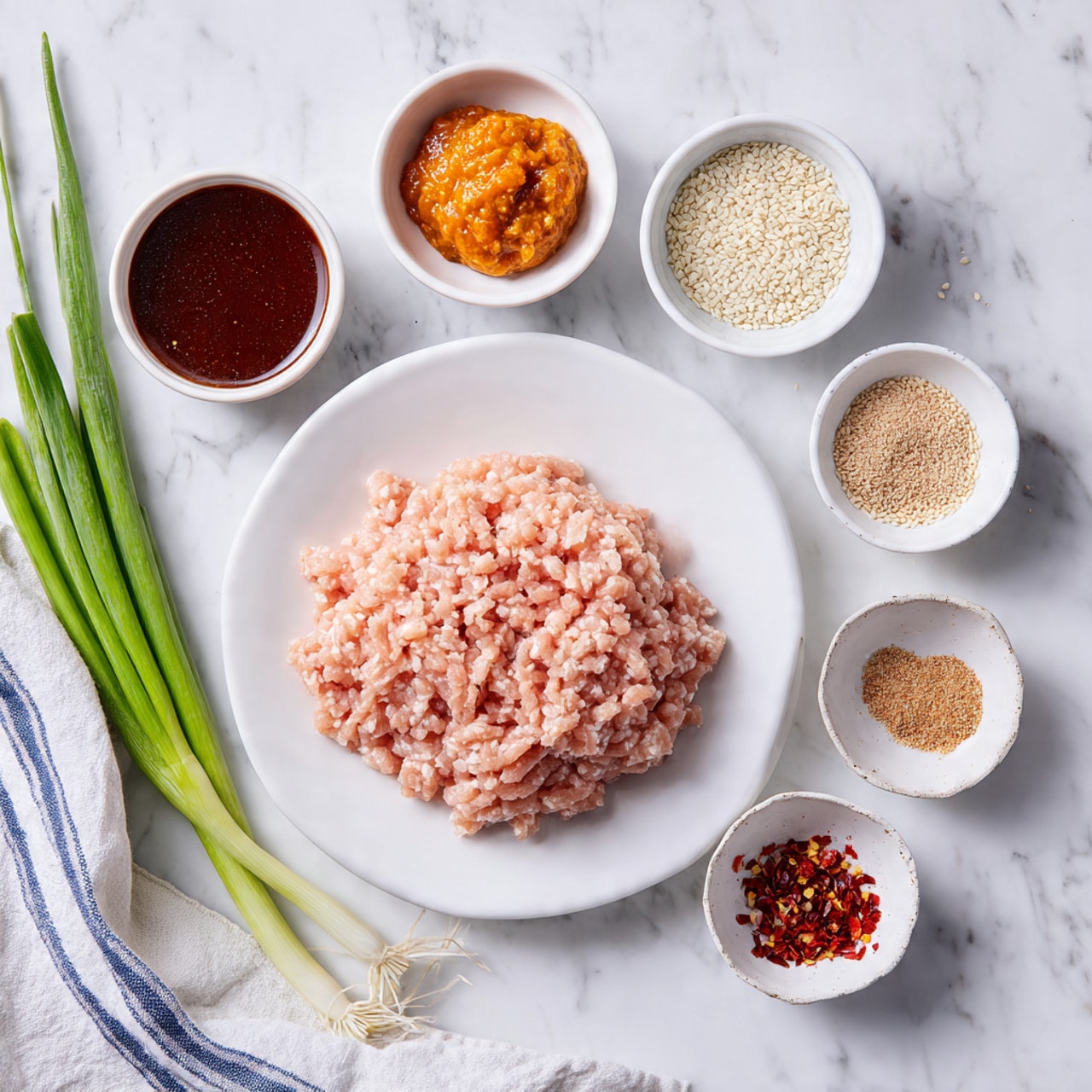 The image shows a set of ingredients on a white marbled surface. In the center, there is a white plate holding a mound of pale pink ground meat. Above the plate, three small white bowls are arranged horizontally; the left bowl contains a dark brown thick sauce, the center bowl holds a bright orange chunky paste, and the right bowl is filled with small white sesame seeds. Below these, there are two more small white bowls; one has light brown powdered spices, and the other is filled with red chili flakes. To the right side, there are three green onions with white bases lying diagonally. A white cloth with blue stripes is partially visible on the left side. photo taken with an iphone --ar 4:5 --v 7