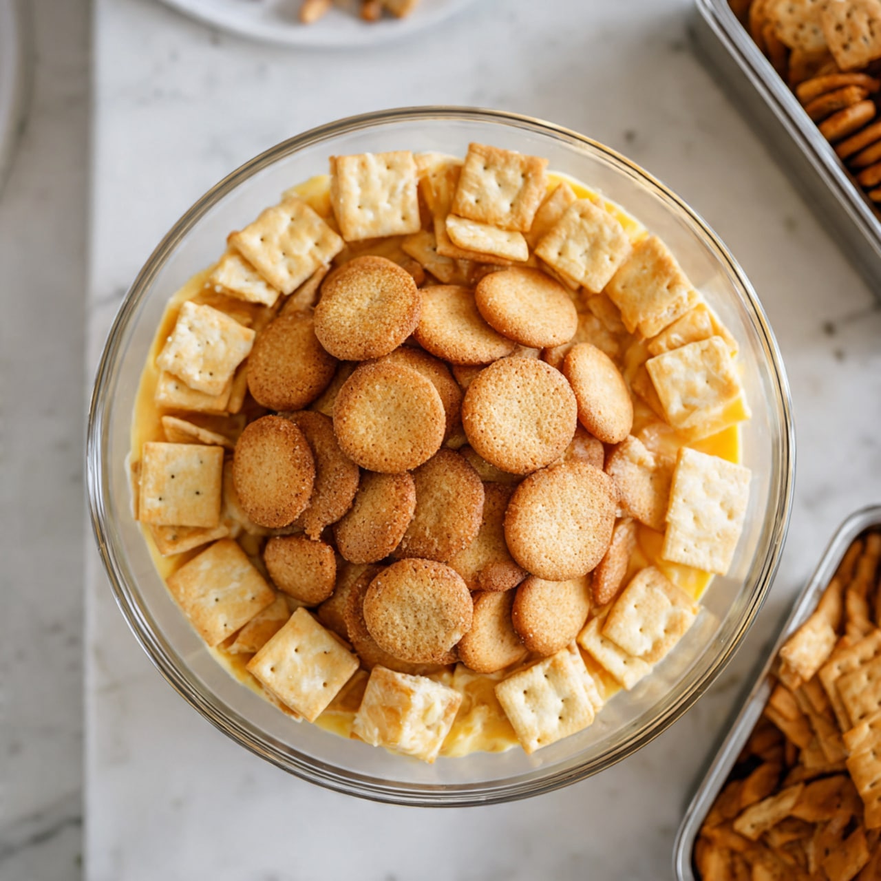 A clear bowl shows a base layer of square crackers with a light yellow color and a slightly rough texture, arranged flat at the bottom. On top, there is a second layer of round, golden-brown cookies with a smooth, slightly cracked surface, clustered together in a loose pile. The scene is set on a white marbled surface, with a glimpse of a metal container filled with more cookies to the right. Photo taken with an iphone --ar 4:5 --v 7