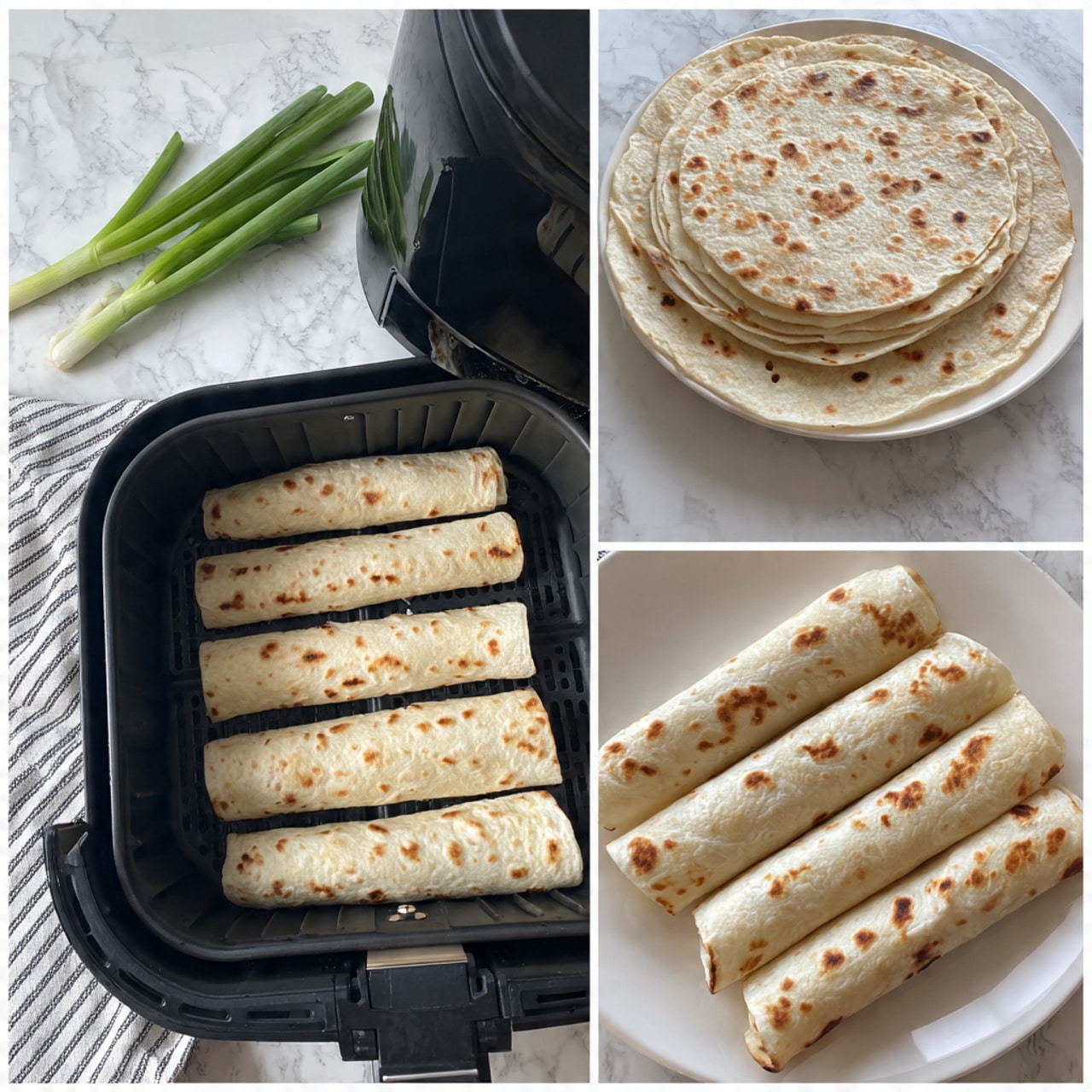 The image shows six rolled tortillas placed evenly inside a black air fryer basket. Above the air fryer, there is a white plate holding several more rolled tortillas stacked together. On the left side of the image, there are three green onions lying on a surface with a white marbled texture. A striped cloth is partially seen at the bottom left corner. The tortillas have a light beige color with small browned spots, showing a soft and slightly textured surface. Photo taken with an iphone --ar 4:5 --v 7