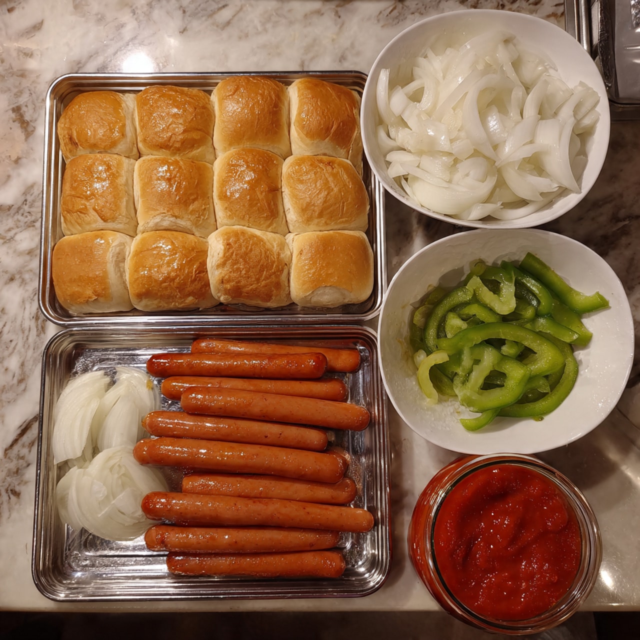 The image shows several food items arranged neatly on a white marbled surface. On the left, there are six golden-brown sandwich rolls placed in two rows on a metal tray. In the middle, a tray holds ten uncooked sausages with a reddish-brown color, lined up side by side. Above the sausage tray, there is a white bowl filled with sliced white onions and green bell peppers. To the right of the bowl, there is a glass jar filled with bright red tomato sauce. The overall arrangement is clean and colorful, with a clear view of each ingredient. photo taken with an iphone --ar 4:5 --v 7