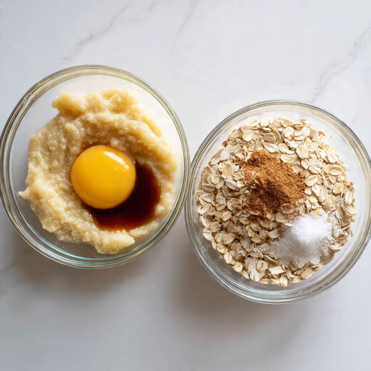 Two glass bowls are shown side by side on a white marbled surface. The left bowl contains three layers: a base of mashed bananas that look pale yellow and slightly chunky, a whole raw egg with a shiny yellow yolk, and a small pool of dark brown vanilla extract resting on top near the edge. The right bowl has three layers: a base of mashed bananas similar to the left bowl, with a thick mound of light beige rolled oats covering the center, and small piles of white salt and medium brown cinnamon powder placed on the oats. The glass bowls are clear, round, and smooth, showing the textures and colors of the ingredients clearly inside. photo taken with an iphone --ar 4:5 --v 7