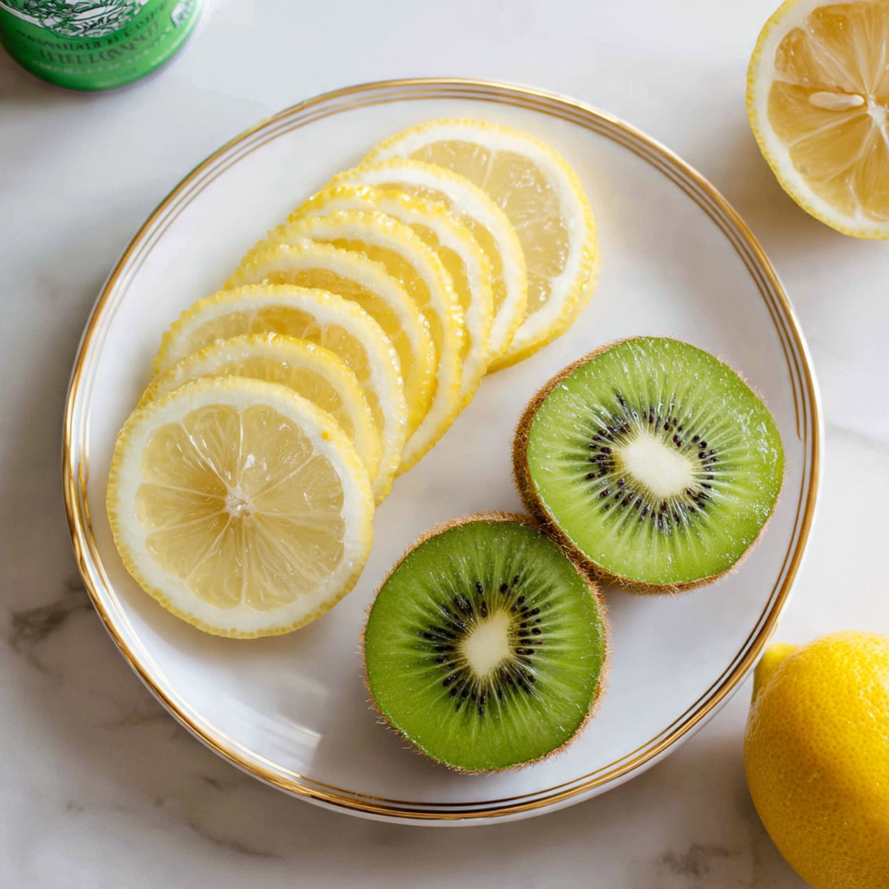 A white plate with a gold rim holds two layers of lemon slices arranged in a small pile on one side, pale yellow with translucent pulp and thin white rinds, and one slice of bright green kiwi with black seeds and a light center on the other side. Next to the plate on a white marbled surface are three halved kiwis showing their fuzzy brown skin and vibrant green inside with dark seeds around a white core. A halved lemon with bright yellow rind and juicy flesh is partly visible on the right side. A green can is slightly shown on the top left corner. Photo taken with an iphone --ar 4:5 --v 7