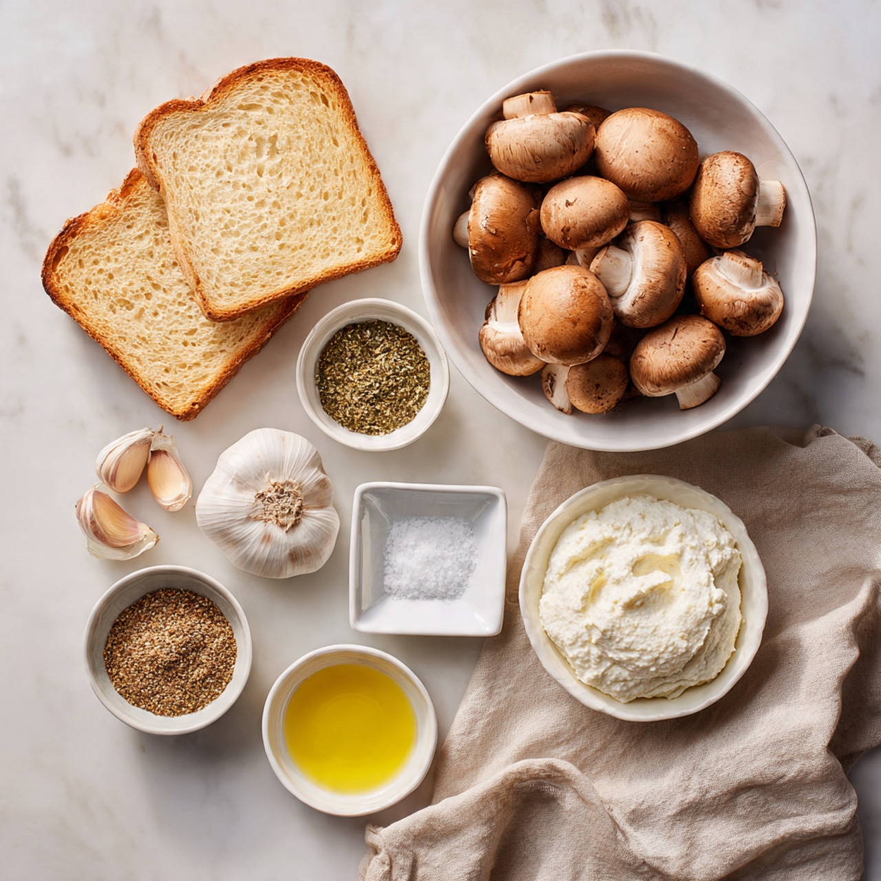 A collection of ingredients is arranged on a white marbled texture, with a large white bowl filled with round, brown baby Bella mushrooms at the top center. Below to the left, there is a single slice of sourdough bread showing its light golden crust and soft, pale interior. To the right of the bread is a small square white dish holding coarse kosher salt. Above and to the right of the salt is a small white bowl with golden olive oil. Next to the olive oil, a shallow white bowl holds a mound of creamy, white labneh or cream cheese. Above this, a small white bowl contains coarse dukkah seasoning or za’atar with a mix of brown and green herbs. At the top right, a small white bowl with two peeled garlic cloves completes the set. A soft, pale linen cloth is partially spread at the bottom, and the photo is taken with an iphone --ar 4:5 --v 7