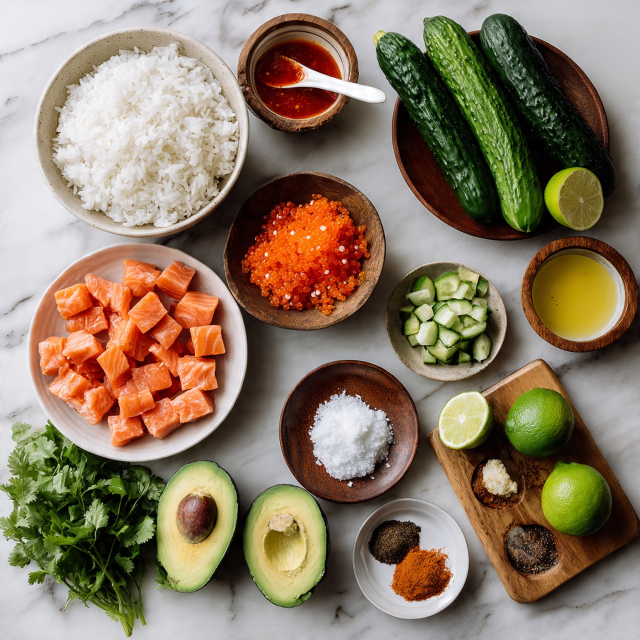 The image shows various fresh ingredients arranged on a white marbled surface. There is a large bowl filled with white rice and a bowl with small cubes of bright orange raw salmon. A wooden cutting board holds two whole green cucumbers, some diced cucumber pieces, a small bowl of white powder, and a bunch of fresh green cilantro leaves. There are two avocado halves with dark green skin and light green flesh next to the cilantro. Small bowls contain red sauce, yellow liquid with a white spoon, white cottage cheese, a dark brown powder, and a red spice. A wooden plate holds two lime halves and a whole lime. The arrangement is neat and colorful, highlighting fresh textures and earthy tones. Photo taken with an iphone --ar 4:5 --v 7