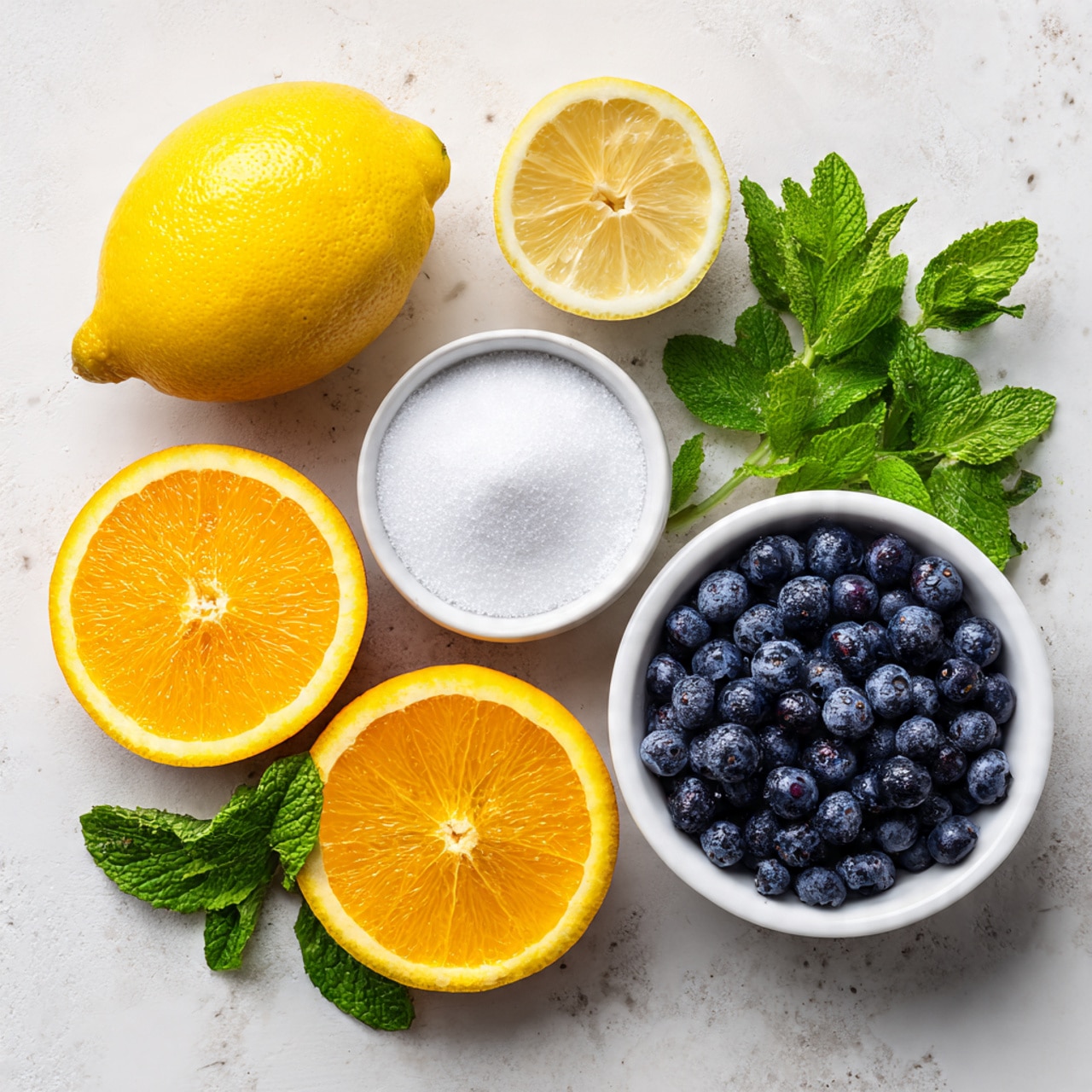The image shows fresh ingredients arranged on a white marbled surface with a textured look. There is a whole yellow lemon at the top left, next to a halved lemon showing its light yellow inside to the right. Below these, two halves of a bright orange orange with visible seeds are placed, one near the top center and the other near the bottom right. In the middle left, a small white bowl filled with white granulated sugar sits next to another white bowl filled with dark blue blueberries. A bunch of fresh green mint leaves lies in the middle right area, adding a pop of green color. The colors of yellow, orange, green, blue, and white contrast softly against the textured white marbled backdrop. photo taken with an iphone --ar 4:5 --v 7