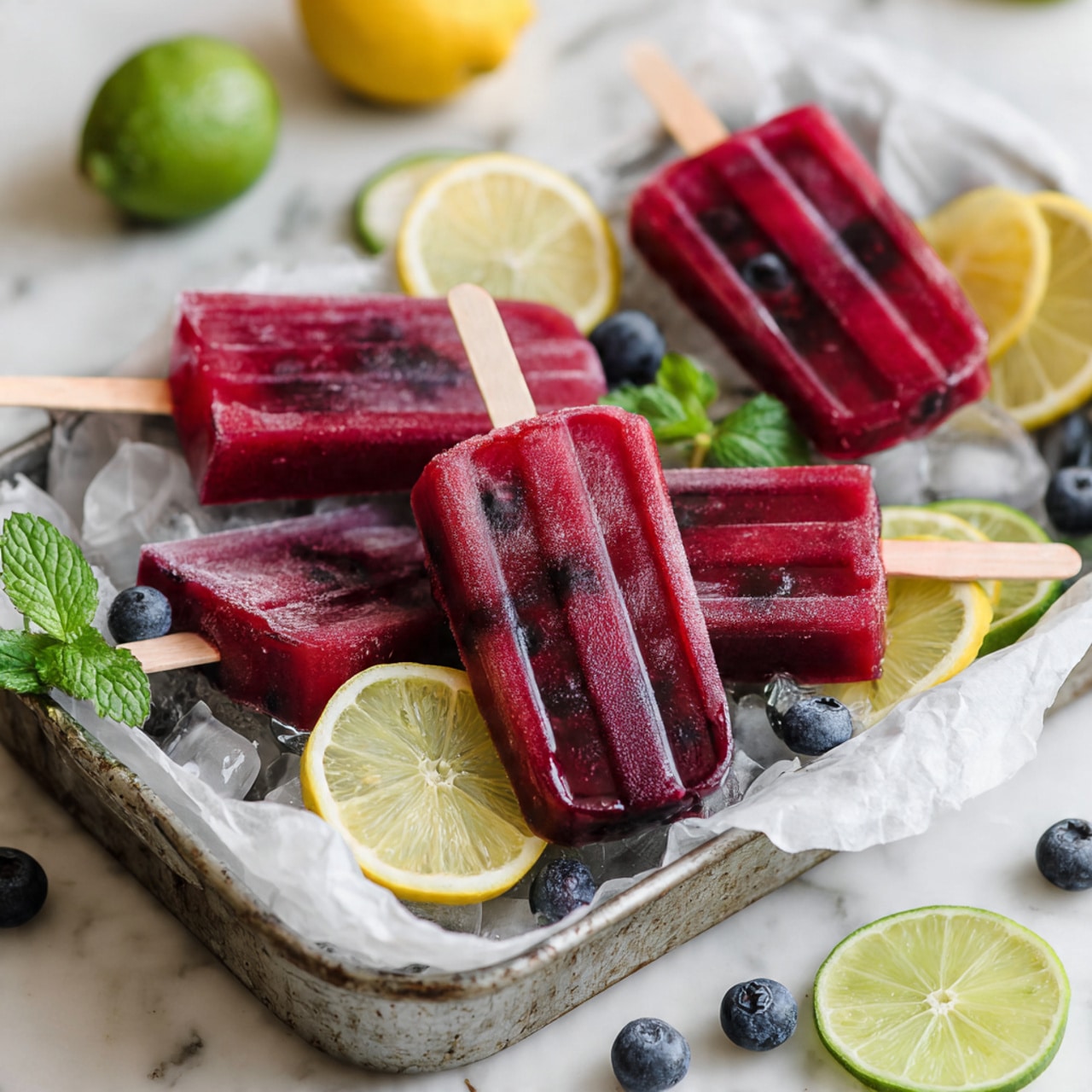 The image shows six red popsicles with visible blueberries inside, arranged on white parchment paper in a rustic metal tray. Scattered around the popsicles are fresh whole blueberries, bright yellow lemon slices, and light green lime wedges. Small sprigs of fresh green mint leaves are placed near some popsicles, adding a touch of color contrast. Each popsicle has a light wood stick coming out from the bottom. The scene is set on a white marbled surface with soft natural light highlighting the icy texture of the popsicles and the freshness of the fruits. photo taken with an iphone --ar 4:5 --v 7