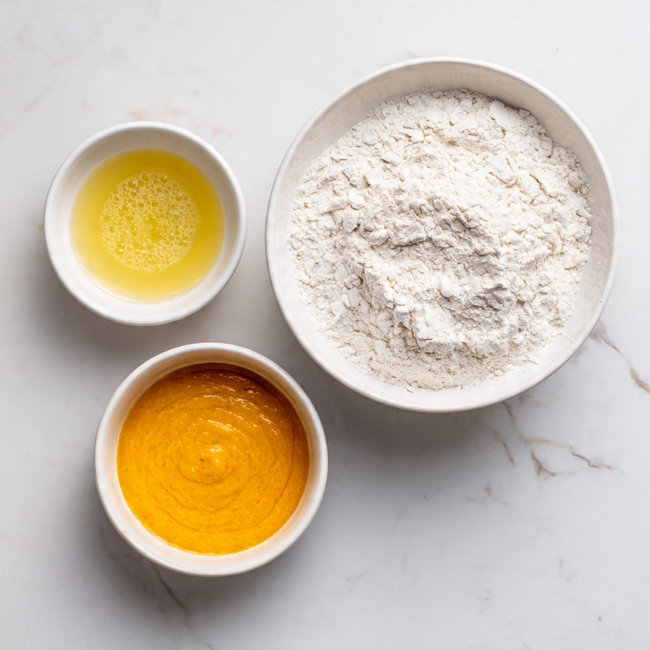 The image shows three white bowls placed on a white marbled surface. The largest bowl on the right side holds white flour with a slightly uneven surface. Below it, a medium-sized bowl contains a bright orange mixture with a smooth texture. To the left of the orange bowl, a small bowl has a clear yellow liquid with some small bubbles on top. The bowls are arranged close to each other with space between them, showing the different ingredients clearly. photo taken with an iphone --ar 4:5 --v 7