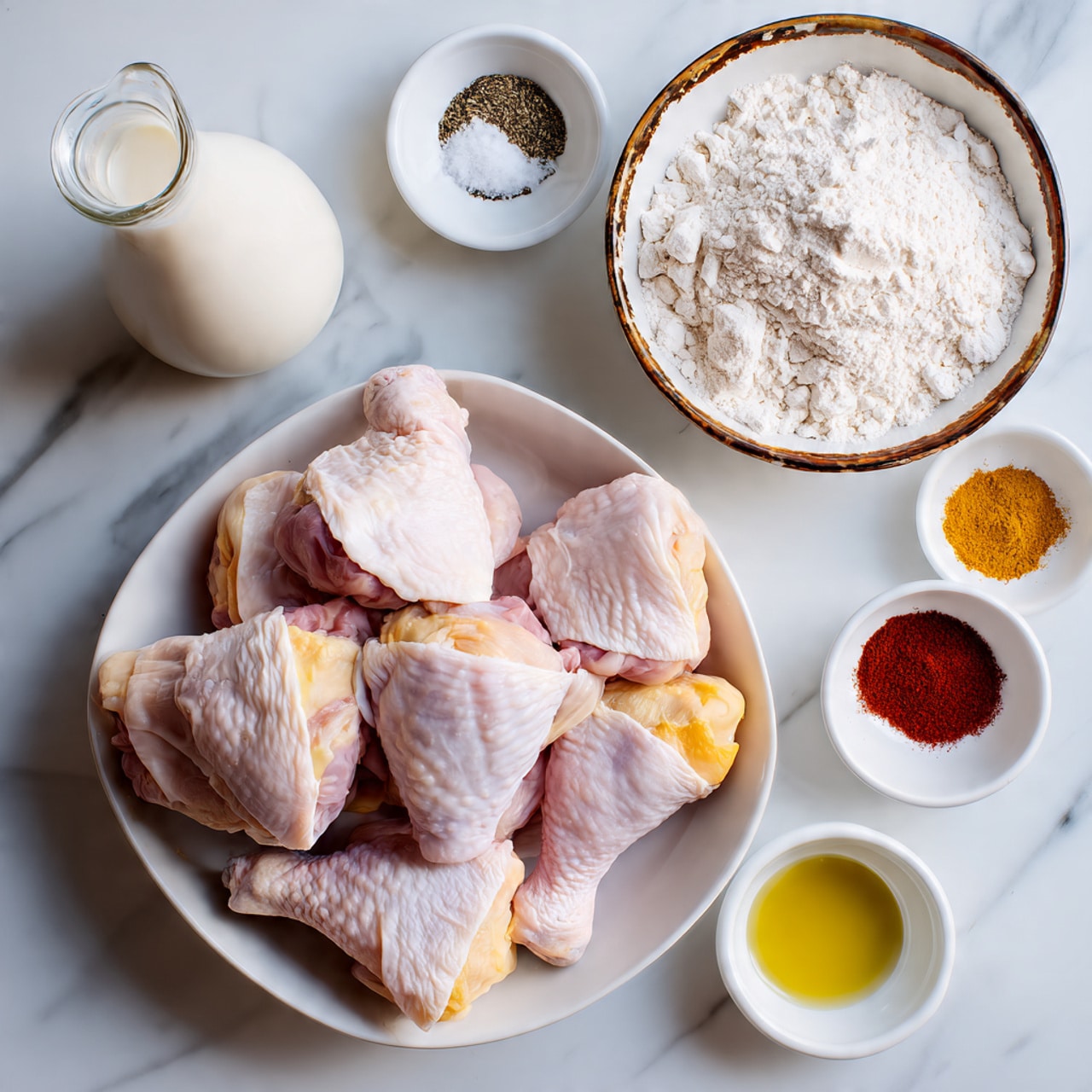 A white bowl filled with 12 pieces of raw chicken thighs and drumsticks, showing pale pink meat and some yellow skin. Above it, a white bowl with old-looking brown edges holds 2 cups of white all-purpose flour. Around it are smaller white bowls with measured spices: 2 teaspoon sea salt (white powder), 1 teaspoon black pepper (coarse black), ½ teaspoon onion powder (light yellow powder), and 1 teaspoon smoked paprika (deep red powder). To the left, a clear glass bottle contains 1½ cups of white buttermilk. On the lower right, a white pitcher with vegetable oil showing a yellow liquid. All items are set on a white marble surface. Photo taken with an iphone --ar 4:5 --v 7