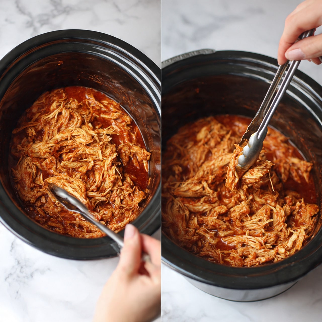 This image shows a slow cooker filled with shredded cooked chicken covered in a thick, rich, reddish-brown sauce. The chicken pieces are layered unevenly throughout the pot, appearing tender and well soaked in the sauce. A pair of metal tongs are holding some of the shredded chicken on one side, with the woman's hand visible holding the tongs. The slow cooker has a black interior and the background is a white marbled surface. photo taken with an iphone --ar 4:5 --v 7