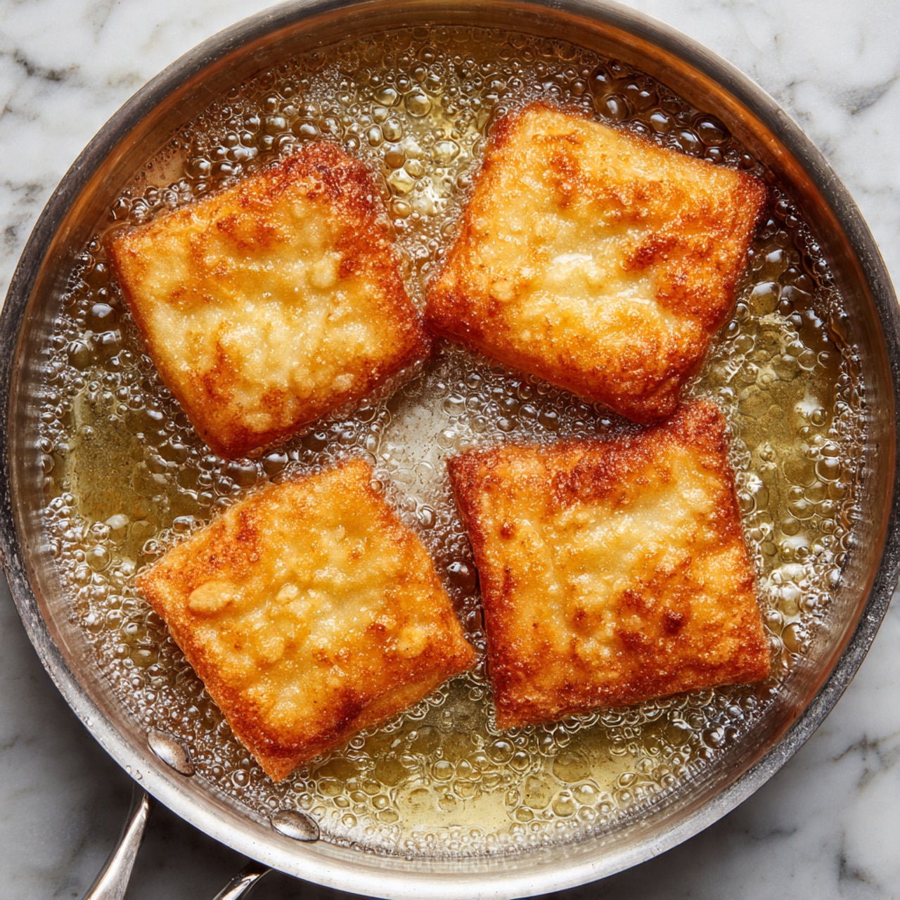 The image shows golden-brown square dough pieces frying in hot oil inside a silver pan. The dough pieces each have a crispy, bubbly texture on the outside with a soft, slightly puffed middle layer. The bubbling oil surrounds the dough squares, highlighting the frying process. The pan sits on a stove with a white marbled surface in the background. photo taken with an iphone --ar 4:5 --v 7