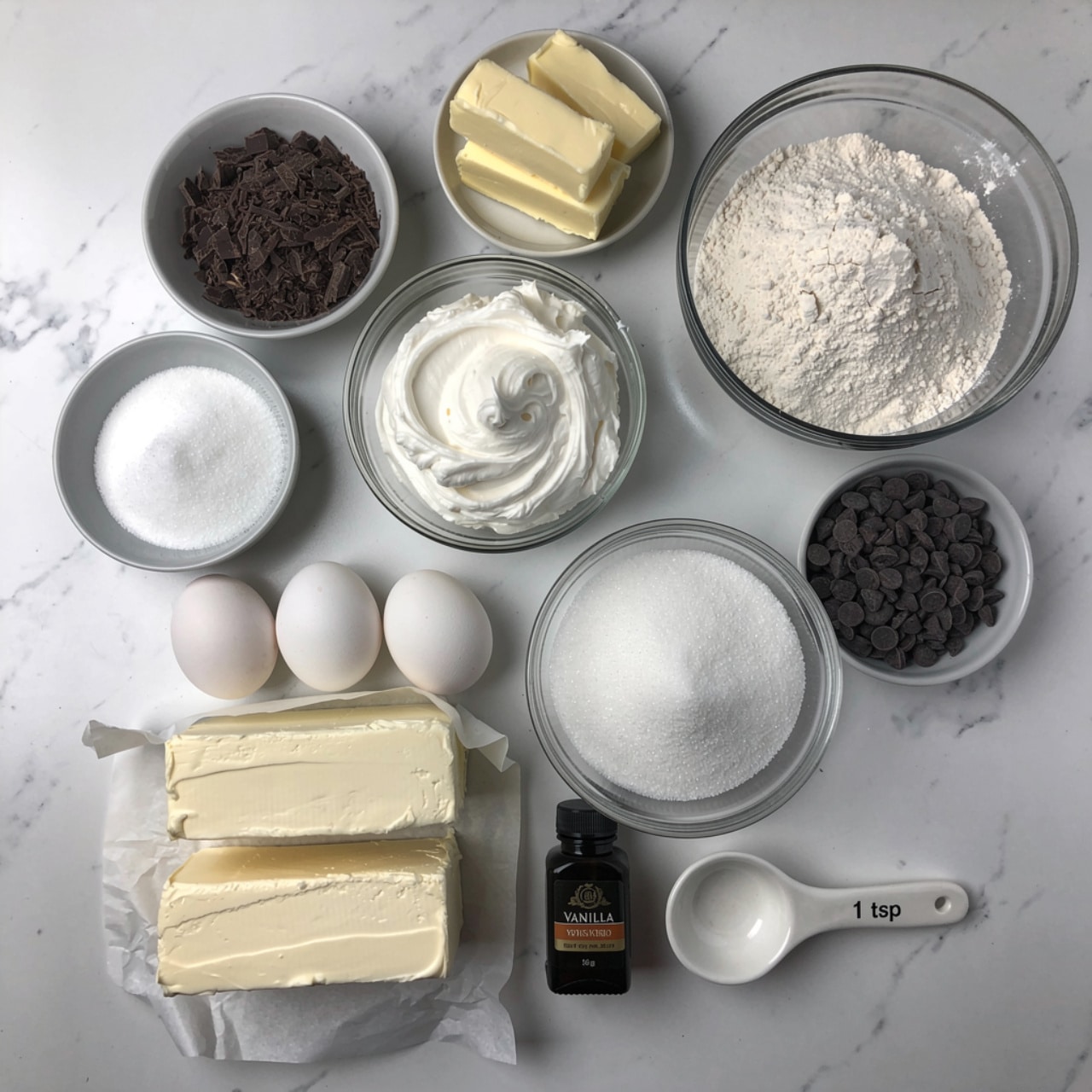 The image shows ingredients arranged on a dark wooden surface. There are two open blocks of cream cheese wrapped in paper at the bottom left. Above them are three white eggs. Next to the eggs, there is a glass bowl filled with white whipped cream and another larger glass bowl with white granulated sugar. Above these bowls is a smaller bowl with three slices of pale yellow butter. To the left of the butter, a bowl contains white sugar, and just above it, a bowl holds dark brown chopped chocolate. To the right of the butter, there is a large bowl with white flour and a smaller bowl filled with small dark chocolate chips. At the bottom right of the image, there is a small black bottle of vanilla and a white ceramic measuring spoon with