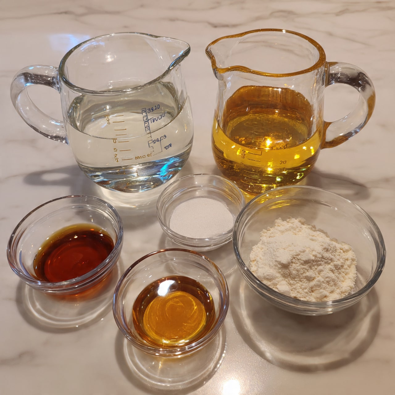 The image shows five clear glass measuring containers on a white marbled surface. Two large glass pitchers with handles are filled with white liquid, one bigger and one smaller, placed on the left side. On the right, three small glass bowls hold different ingredients: the biggest bowl is filled with white powder, the medium bowl has a dark amber liquid, and the smallest bowl contains a light beige powder. The arrangement is neat and the colors are mainly white with a hint of amber. photo taken with an iphone --ar 4:5 --v 7