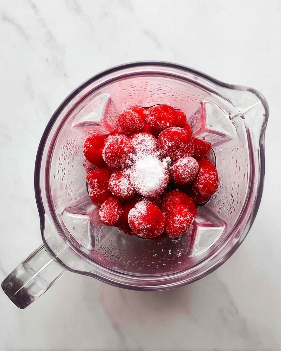 A clear blender pitcher filled with a single layer of whole frozen strawberries, bright red with frost visible on the surface, and sprinkled with white granulated sugar on top. The blender is placed on a white marbled surface, and the image is taken from above showing the full round shape of the pitcher with a handle extending to the left. photo taken with an iphone --ar 4:5 --v 7